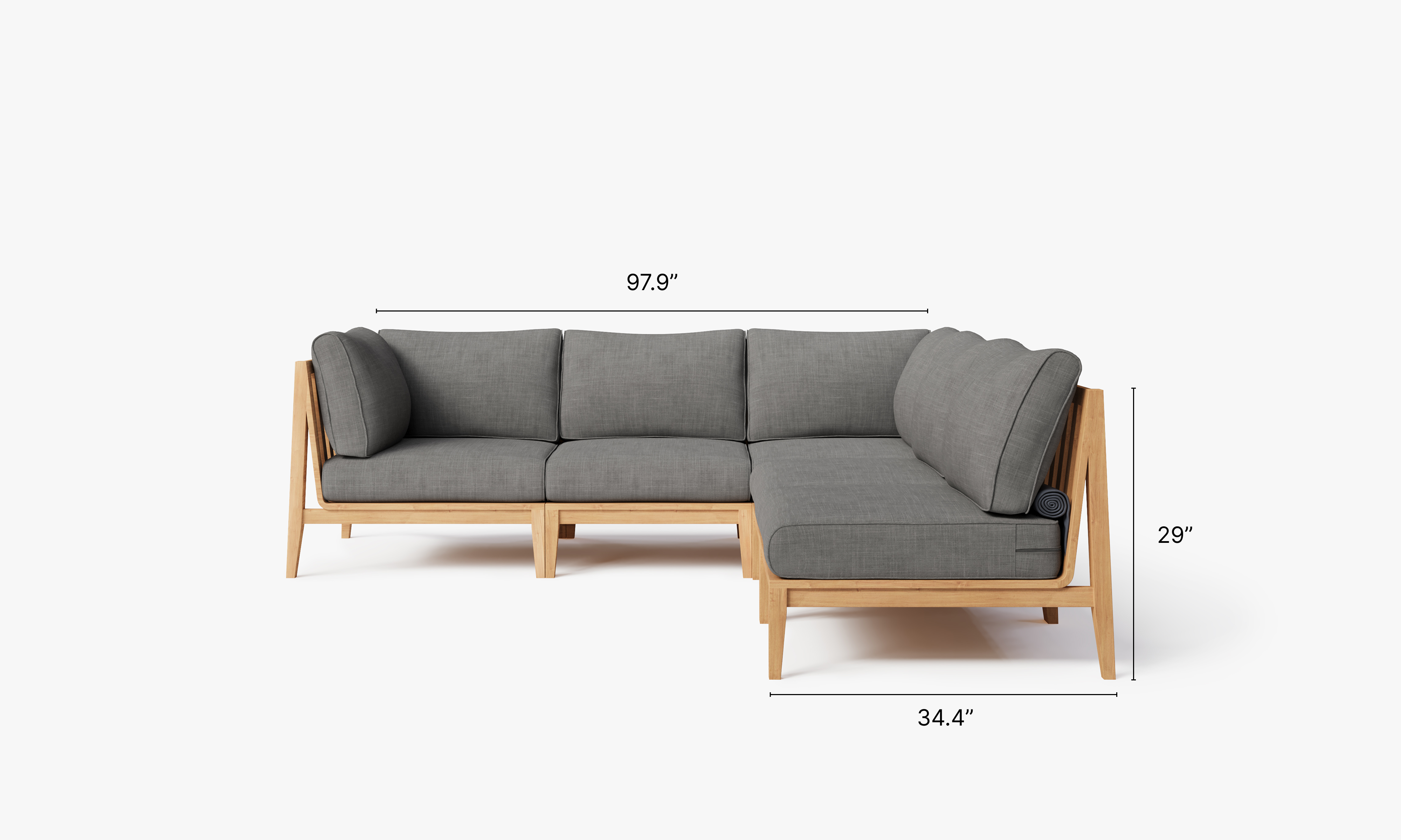 Teak outdoor corner sectional sofa with 5 seats, featuring a modern design and dark pebble gray cushions.-teak outdoor sofa-outer #color_dark pebble gray
