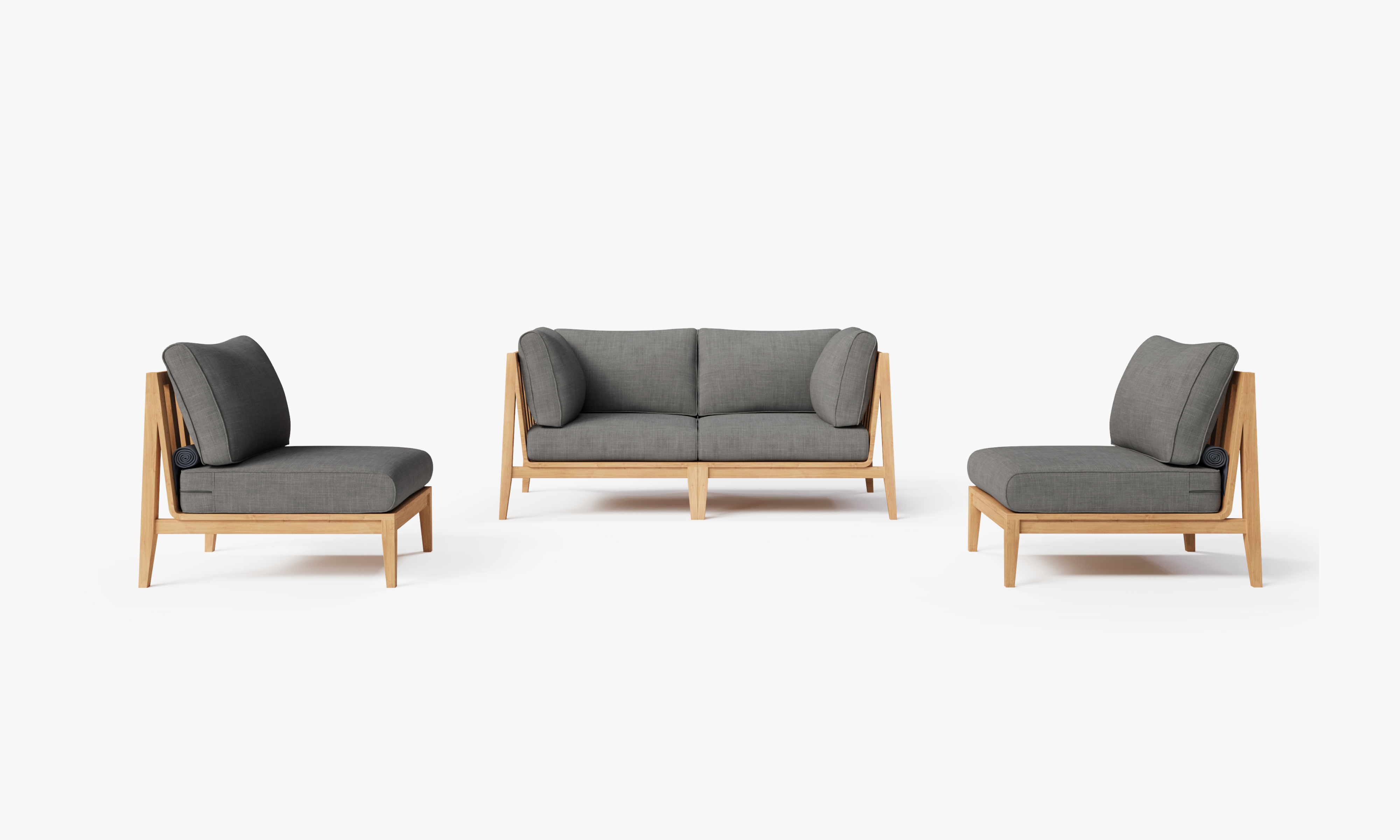 Teak outdoor loveseat with armless chairs, featuring a pebble-colored cushioned seat and backrest, designed for comfortable outdoor seating.-teak outdoor sofa-outer #color_dark pebble gray