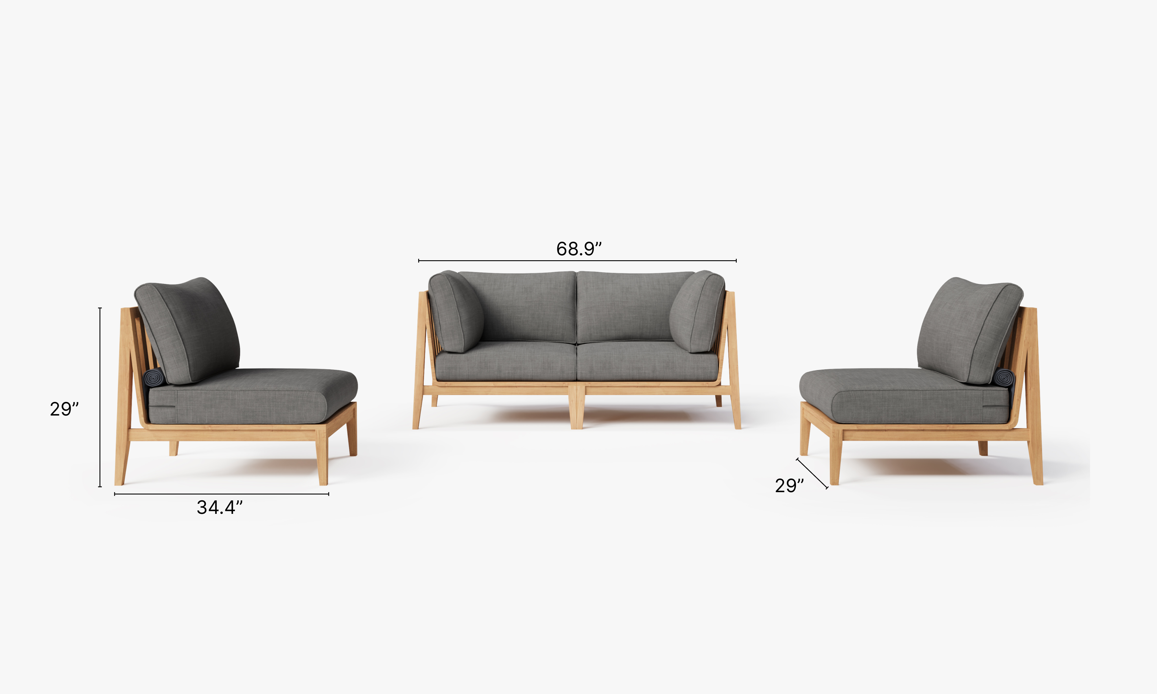 Armless teak outdoor loveseat with beige cushions, featuring a slatted wood design and a low-profile frame.-teak outdoor sofa-outer #color_dark pebble gray