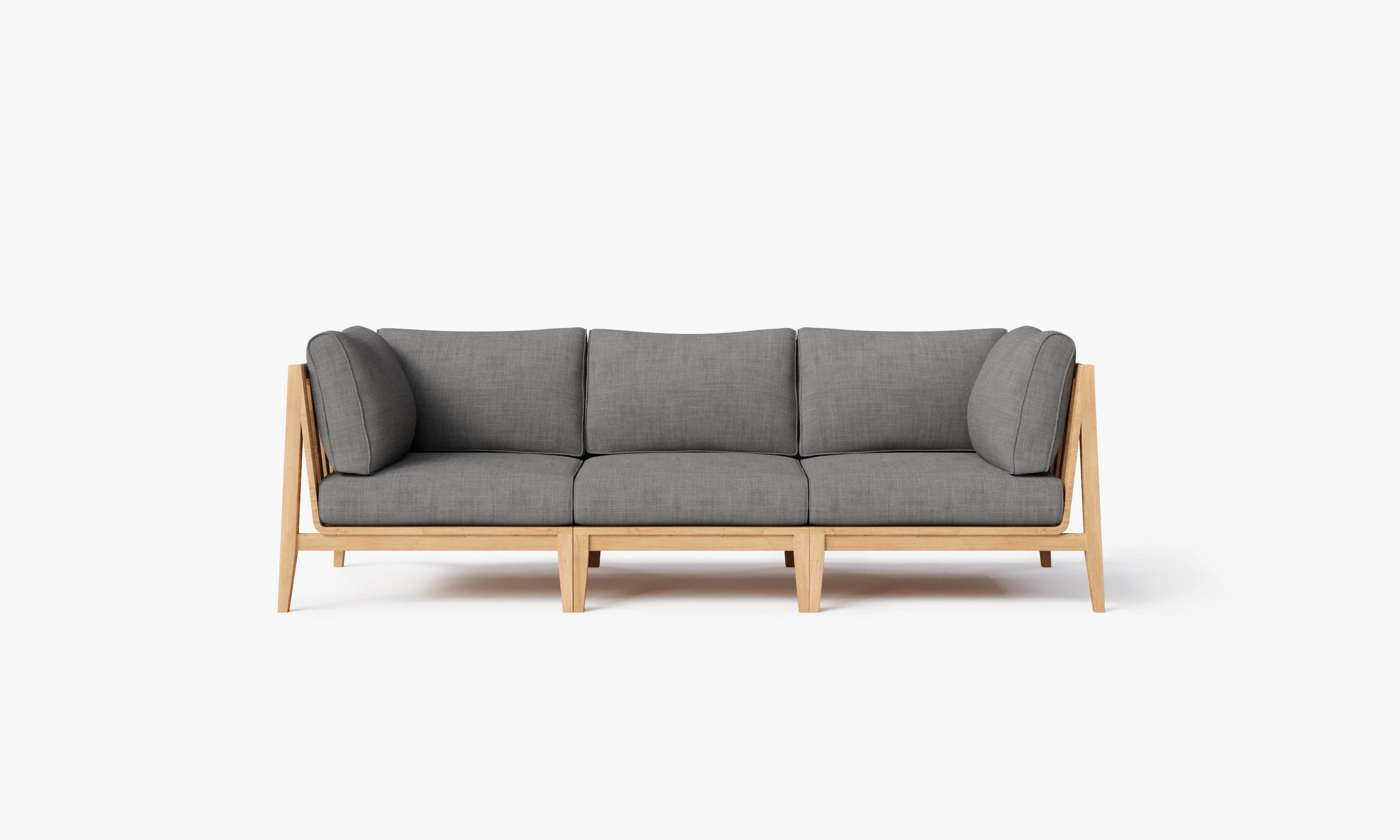 Teak outdoor sofa featuring a 3-seat design with plush pebble-colored cushions, set against a white background.-teak outdoor sofa-outer #color_dark pebble gray
