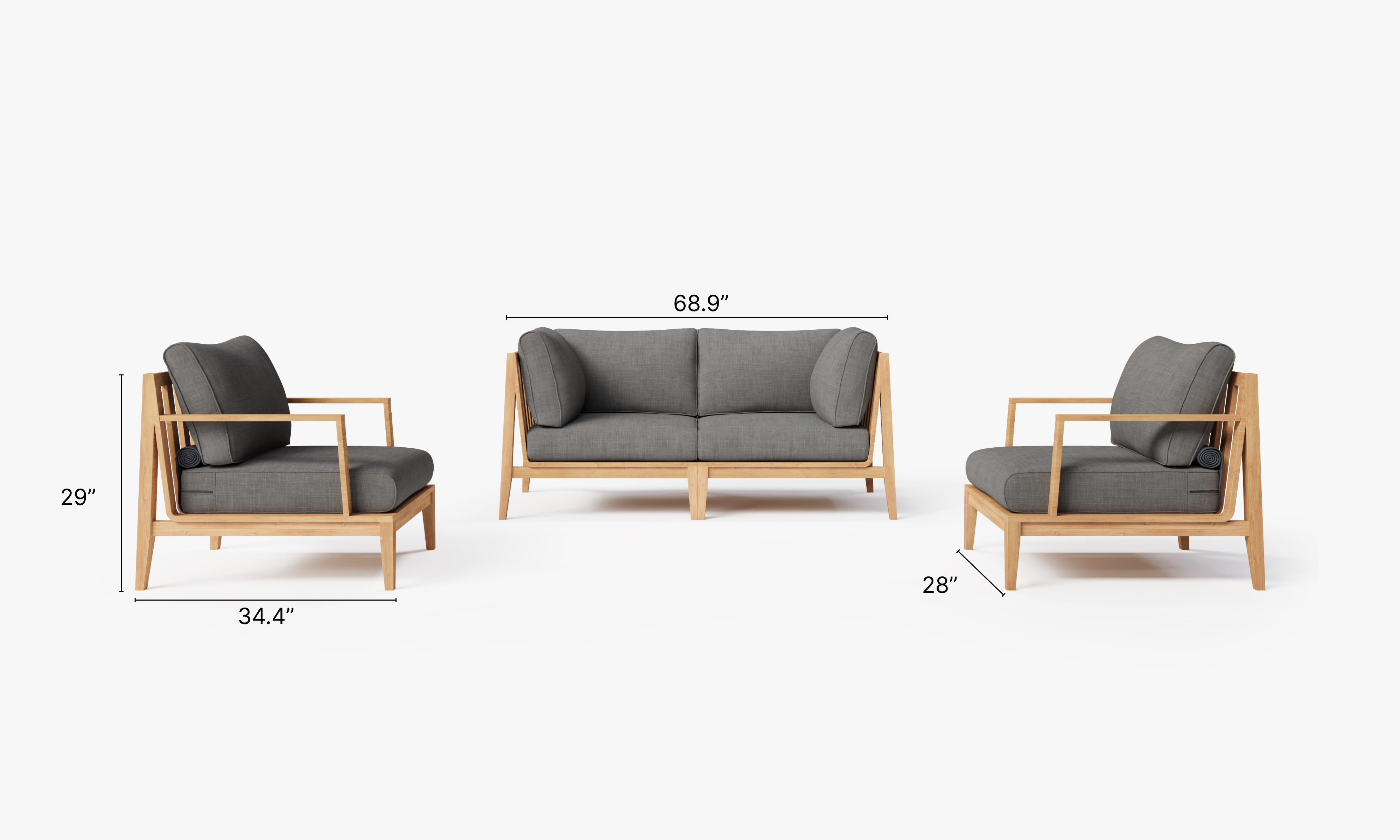 Teak outdoor sofa with matching armchairs arranged on a wooden deck, featuring white cushions and a modern, minimalist design.-teak outdoor sofa-outer
#color_dark pebble gray