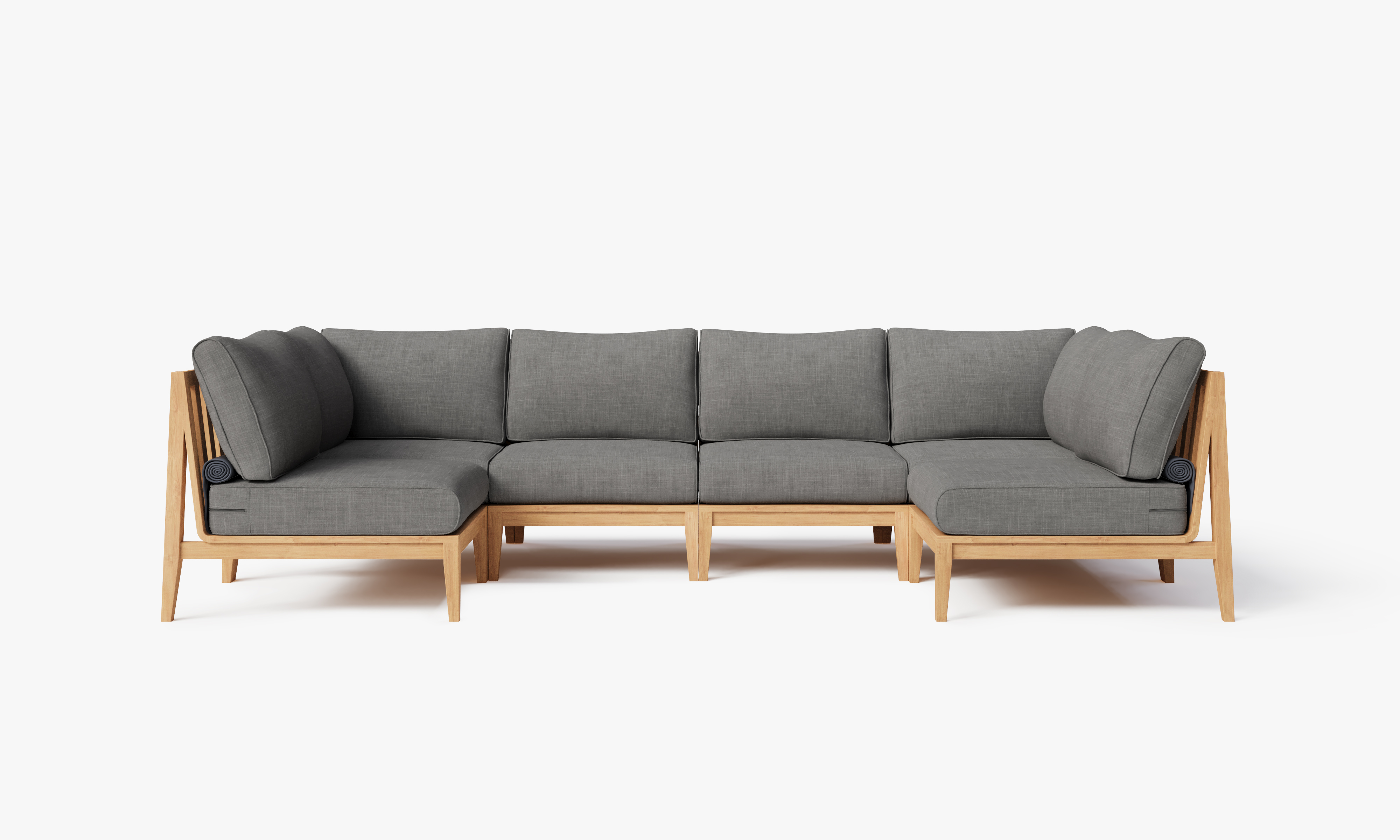 Teak outdoor U sectional sofa with 6 cream cushions arranged in a spacious and stylish seating layout.-teak outdoor sofa-outer #color_dark pebble gray