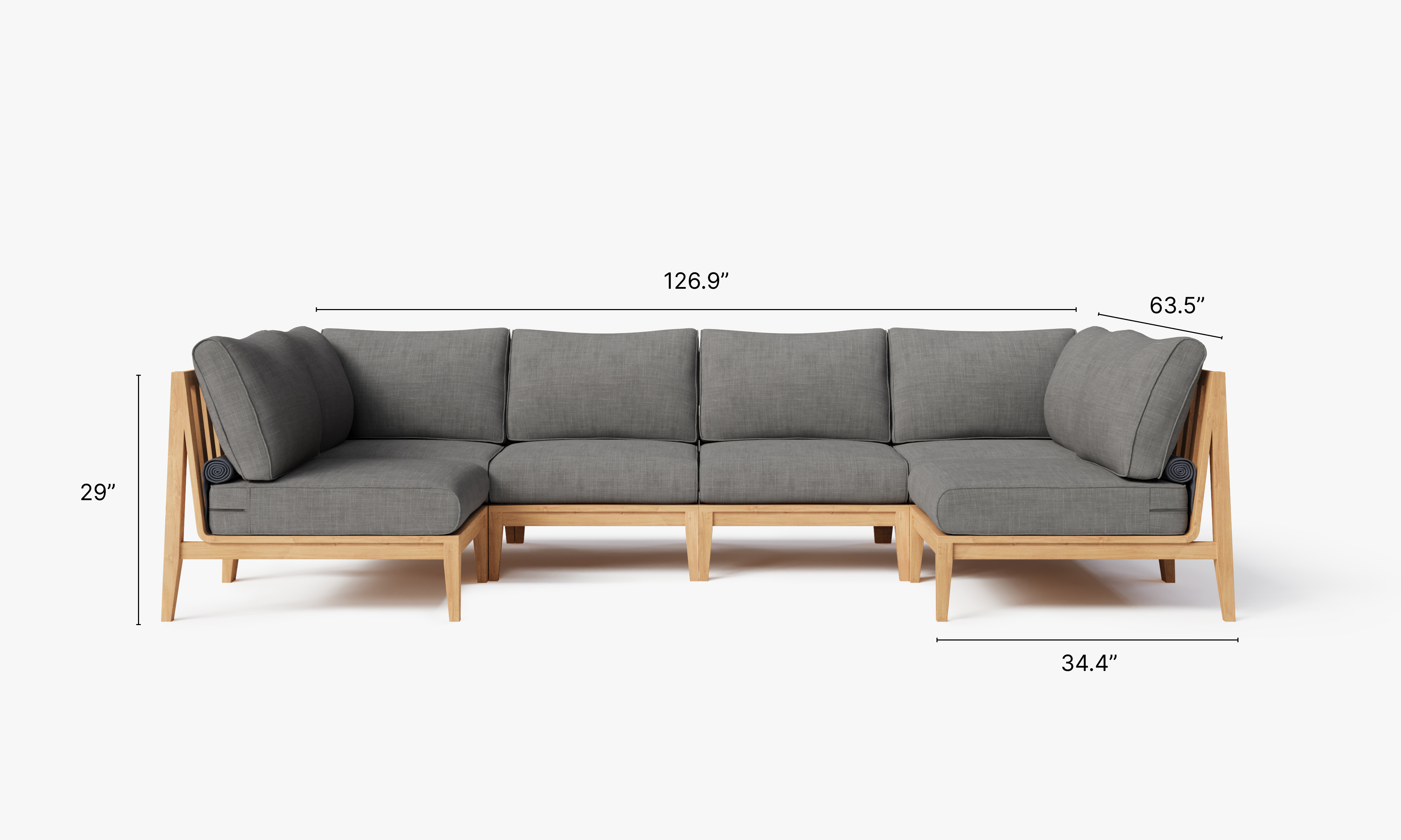 Teak outdoor U sectional sofa with 6 seats, featuring a modern design and dark pebble gray cushions.-teak outdoor sofa-outer #color_dark pebble gray