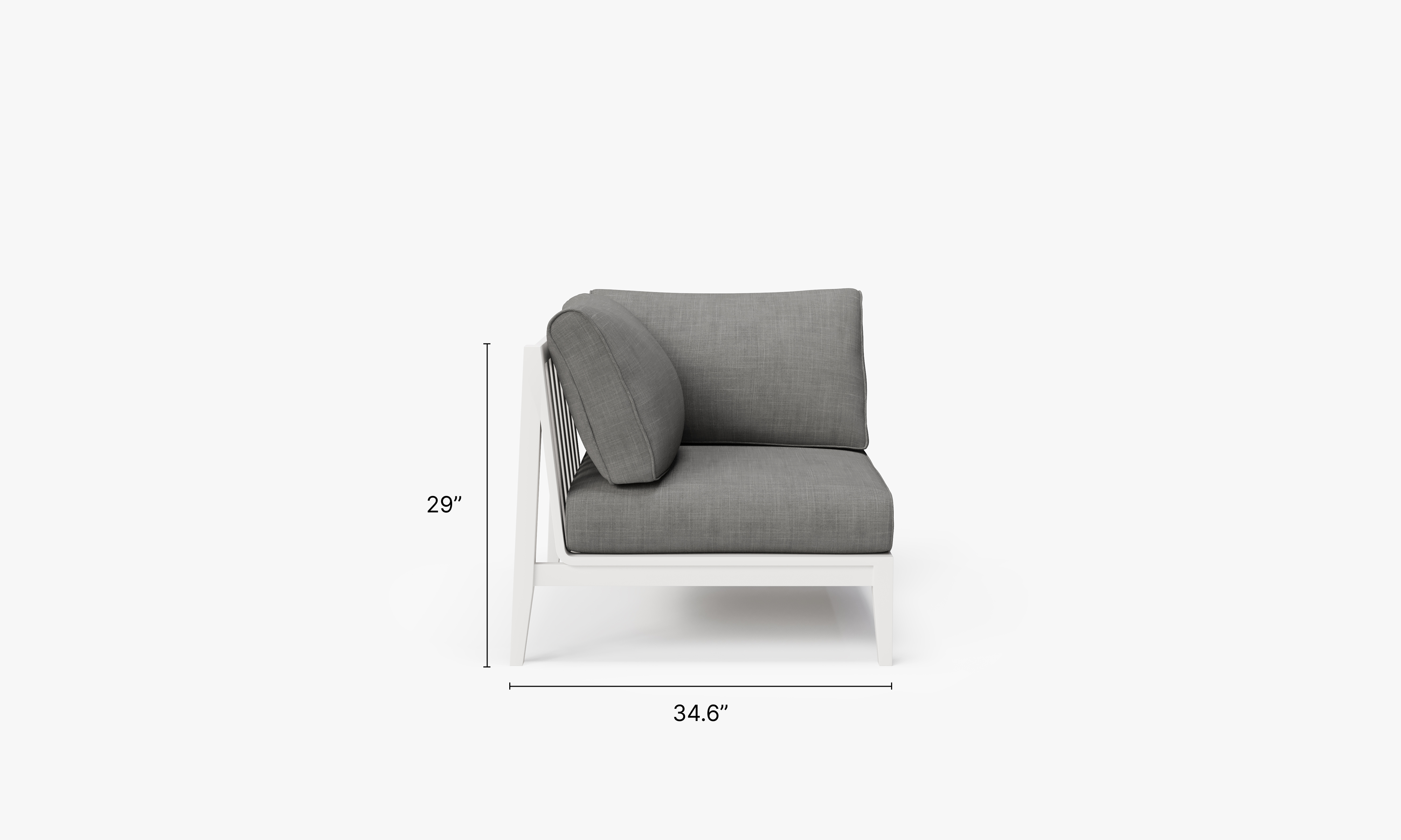 White Aluminum Outdoor Corner Chair - Right dimensions in inches, also listed under Dimensions and Weights. #color_dark pebble gray