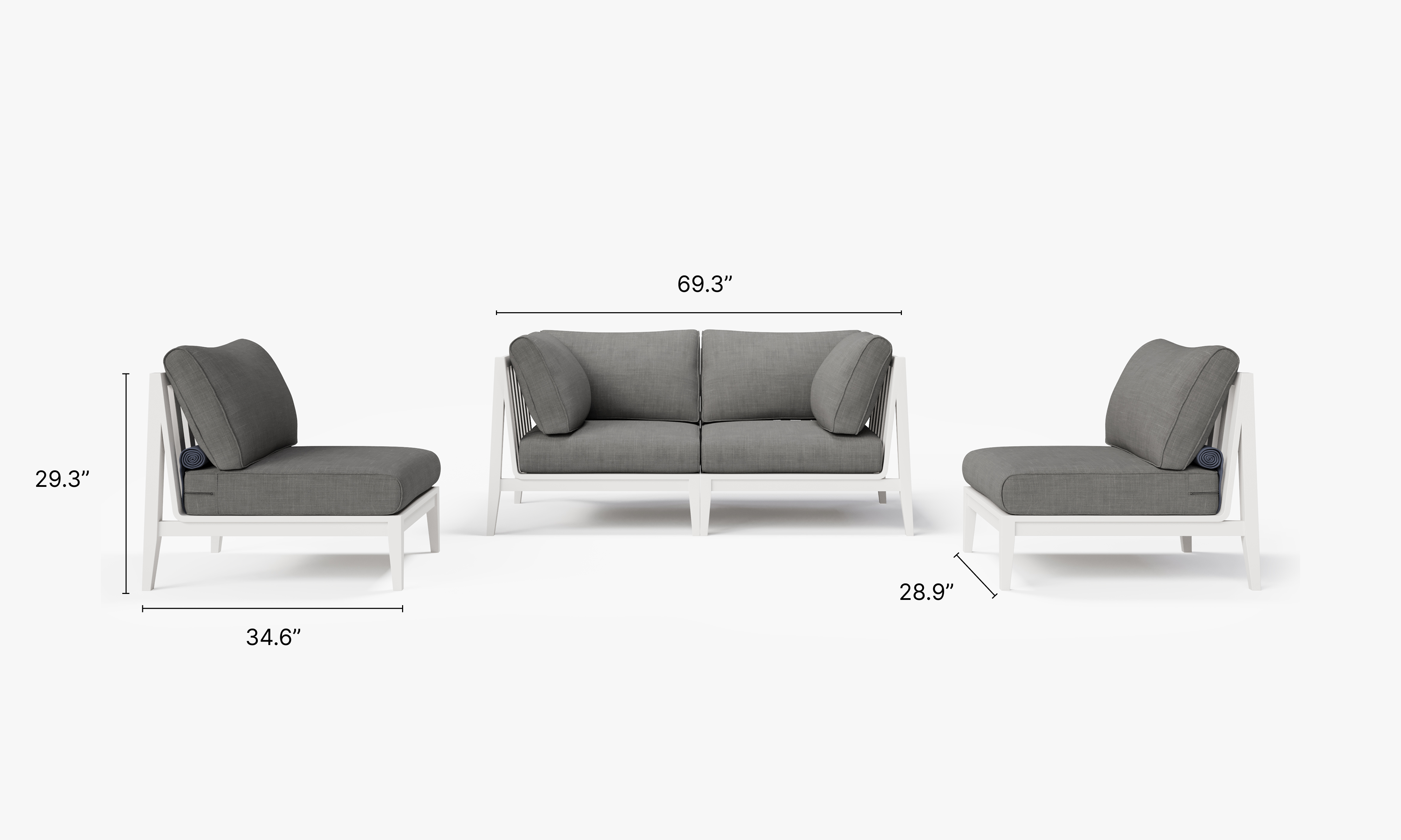 White Aluminum Outdoor Loveseat with Armless Chairs - 4 Seat dimensions in inches, also listed under Dimensions and Weights. #color_dark pebble gray