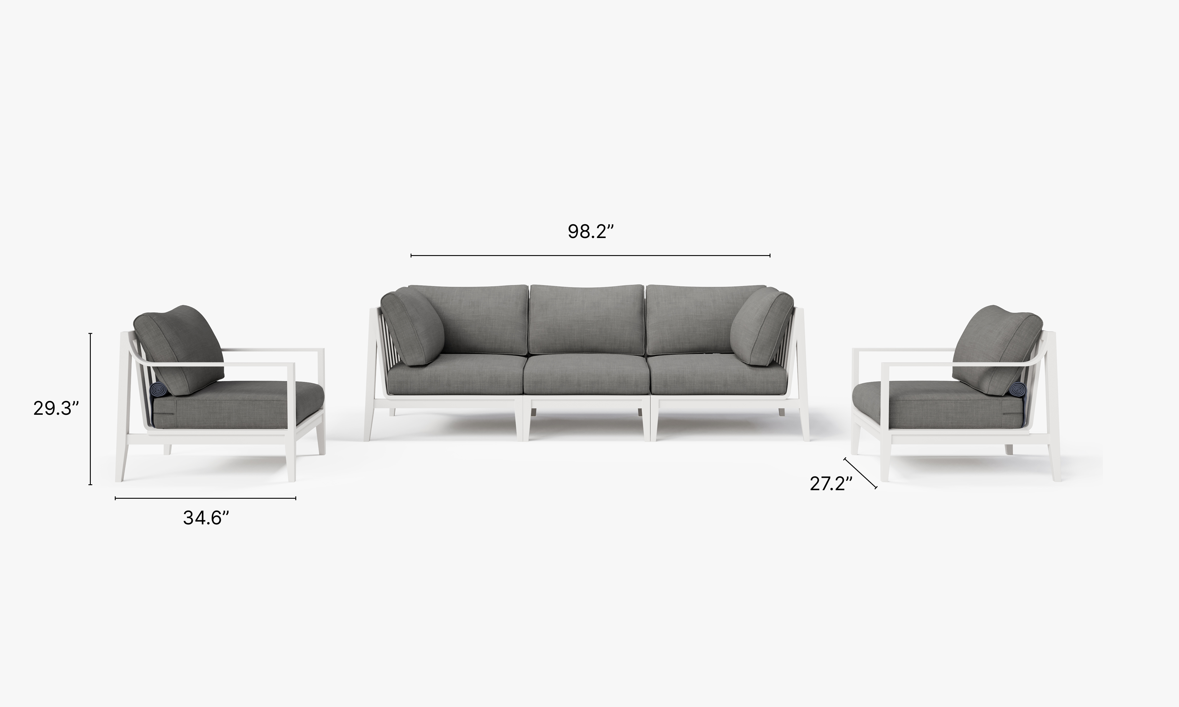 White Aluminum Outdoor Sofa with Armchairs - 5 Seat dimensions in inches, also listed under Dimensions and Weights. #color_dark pebble gray