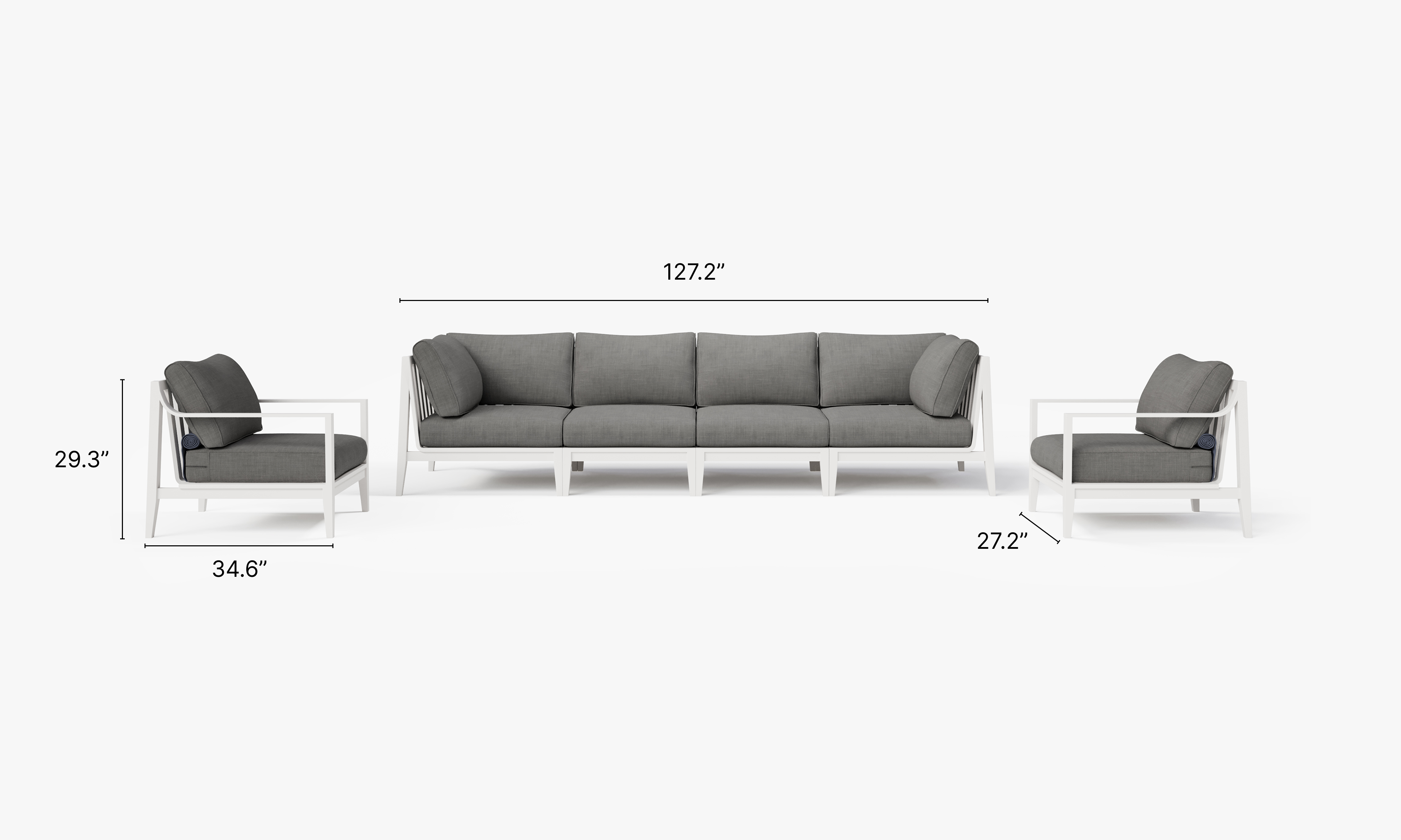 White Aluminum Outdoor Sofa with Armchairs - 6 Seat dimensions in inches, also listed under Dimensions and Weights. #color_dark pebble gray