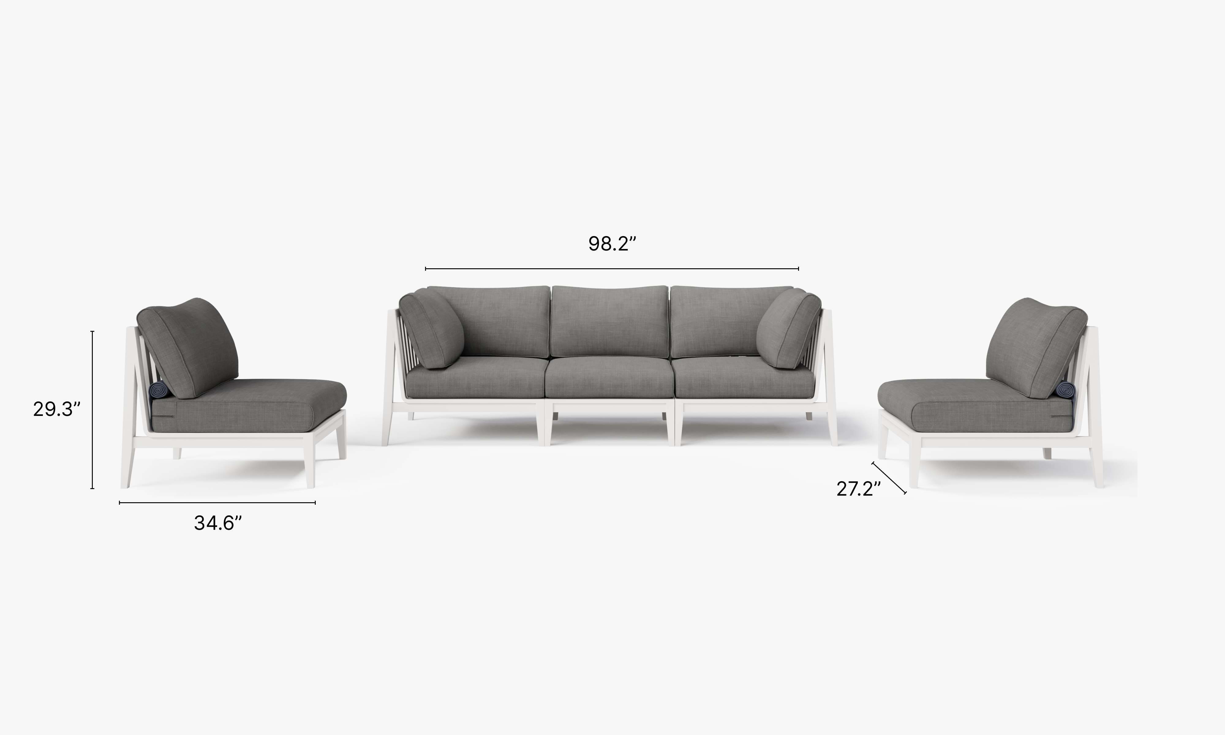 White Aluminum Outdoor Sofa with Armless Chairs - 5 Seat dimensions in inches, also listed under Dimensions and Weights. #color_dark pebble gray