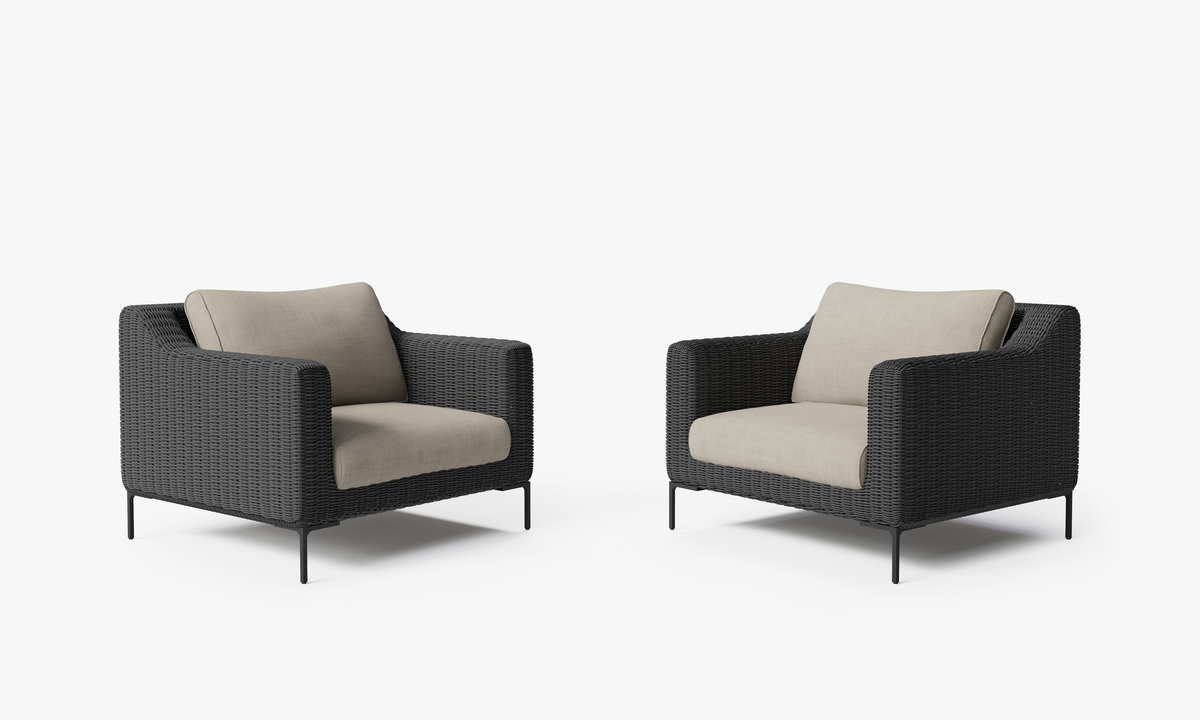 Black Wicker Outdoor Armchair Conversation Set, front. Comfortable, durable, and weather resistant outdoor seating with memory foam. #color_sandstone gray