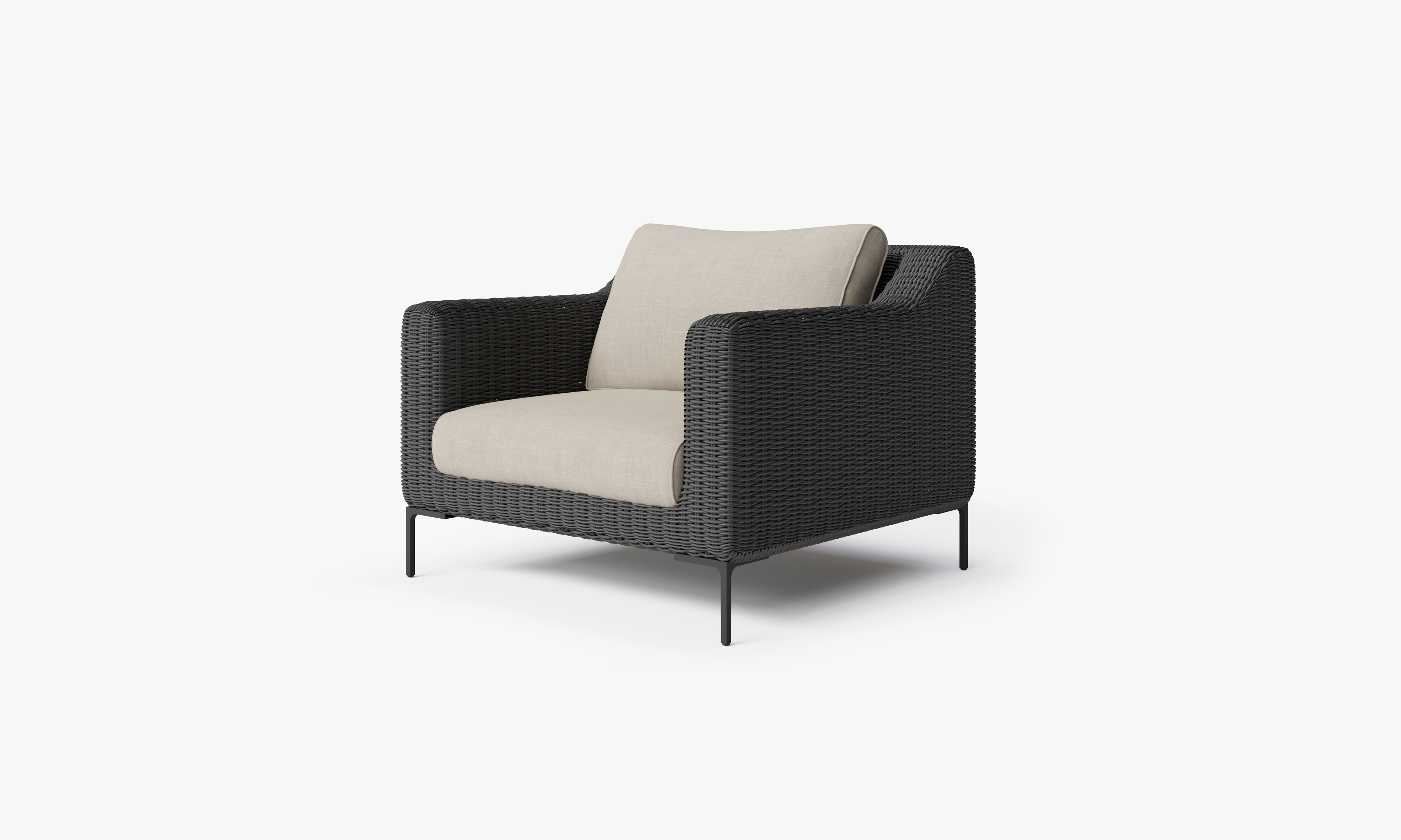 Black Wicker Outdoor Armchair, front. Comfortable, durable, and weather resistant outdoor seating with memory foam. #color_sandstone gray