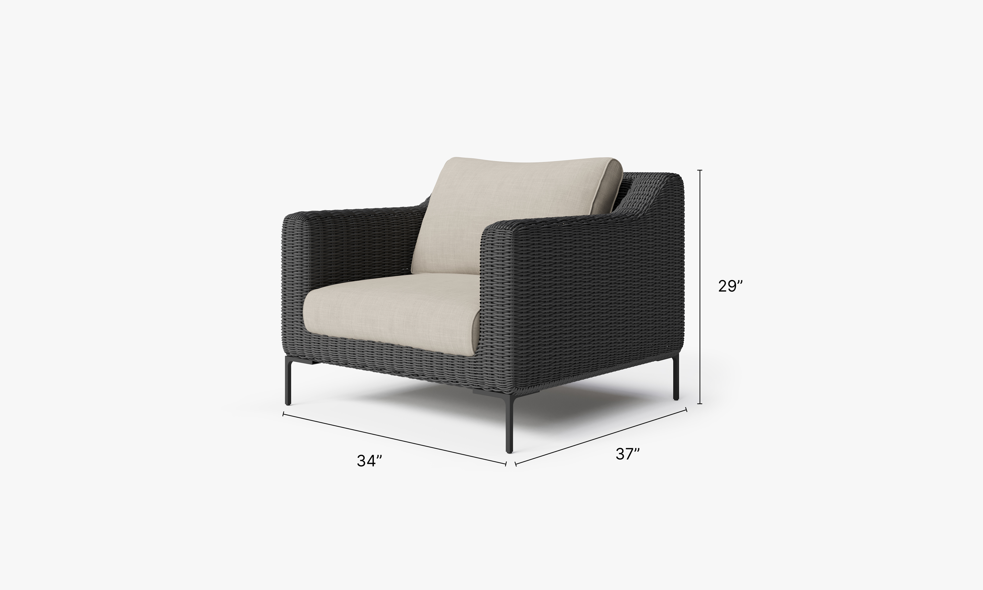 Black Wicker Outdoor Armchair dimensions in inches, also listed under Dimensions and Weights. #color_sandstone gray