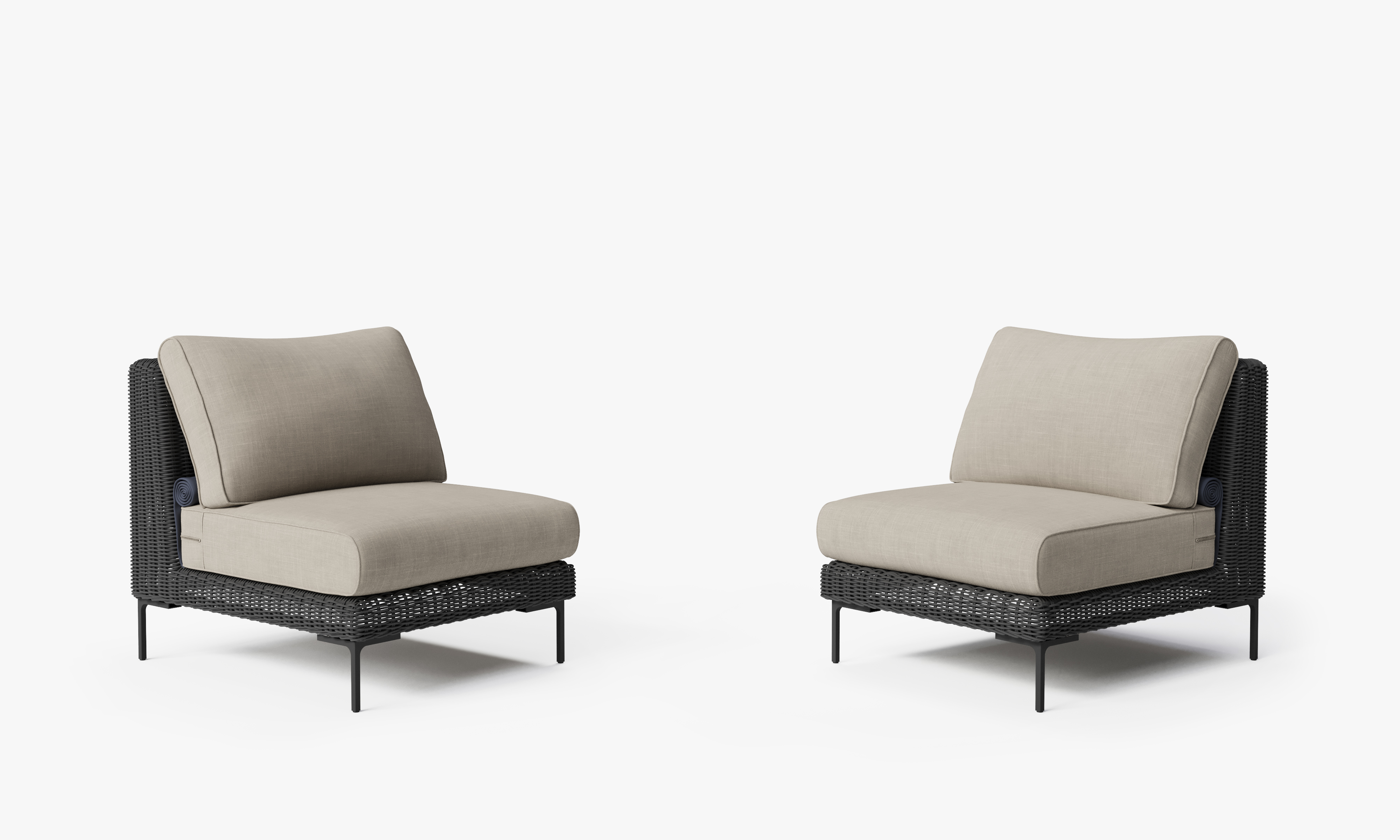 Black Wicker Outdoor Armless Chair Conversation Set, front. Comfortable, durable, and weather resistant outdoor seating with memory foam. #color_sandstone gray