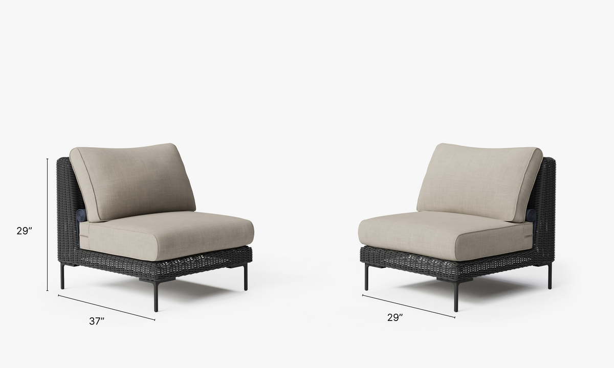 Black Wicker Outdoor Armless Chair Conversation Set dimensions in inches, also listed under Dimensions and Weights. #color_sandstone gray