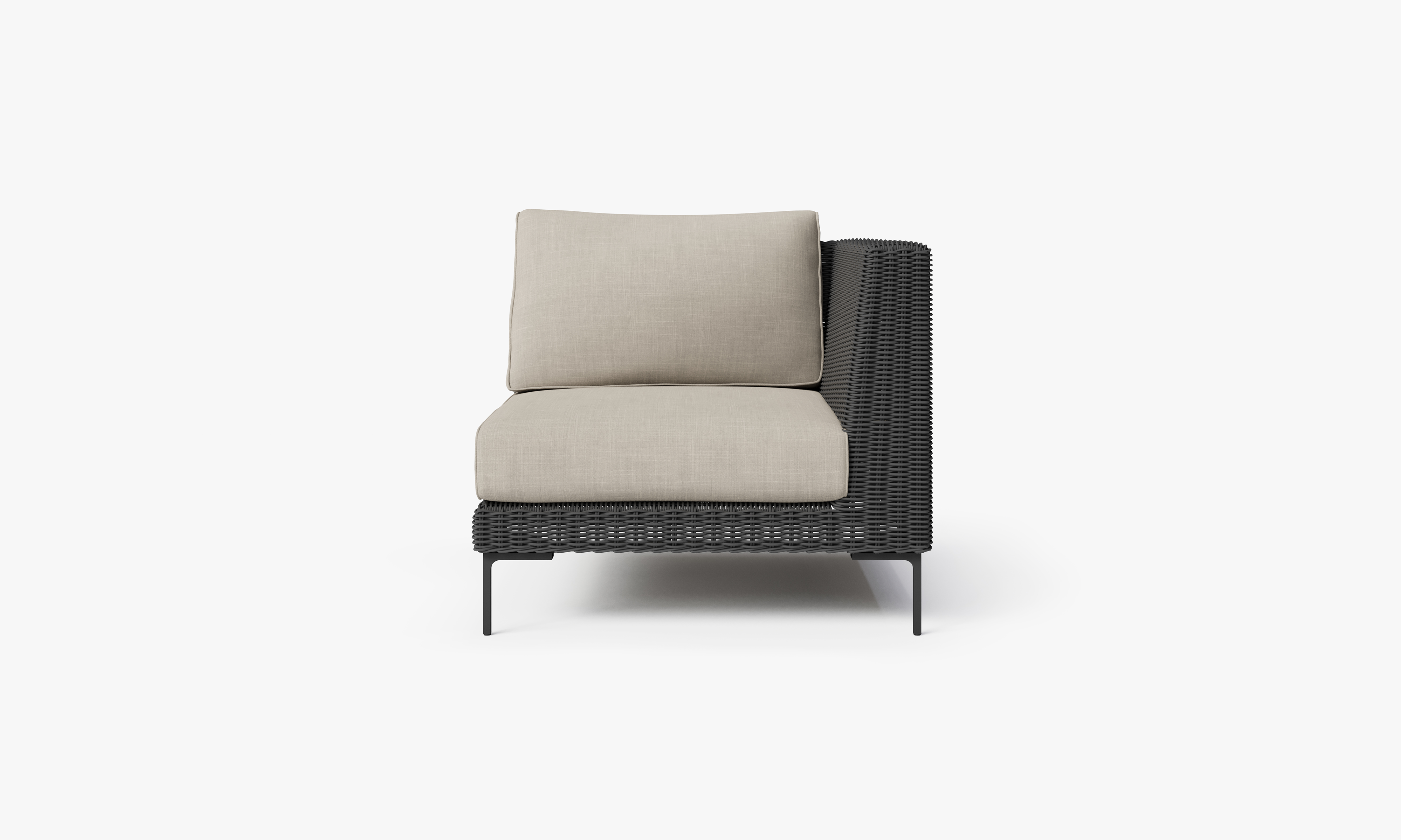 Black Wicker Outdoor Corner Chair - Left/Right, front. Comfortable, durable, and weather resistant outdoor seating with memory foam. #color_sandstone gray