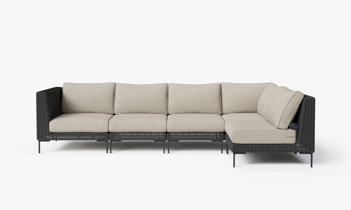 Black Wicker Outdoor L Sectional - 5 Seat, front. Comfortable, durable, and weather resistant outdoor seating with memory foam. #color_sandstone gray