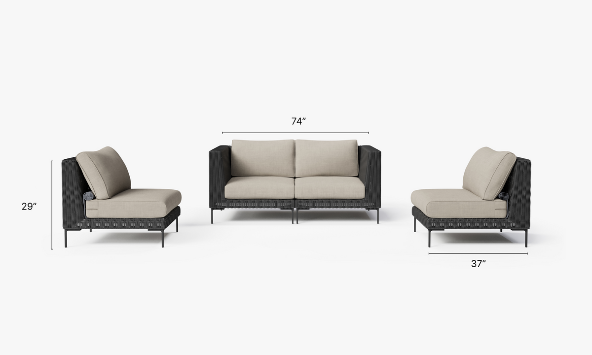 Black Wicker Outdoor Loveseat with Armless Chairs - 4 Seat dimensions in inches, also listed under Dimensions and Weights. #color_sandstone gray