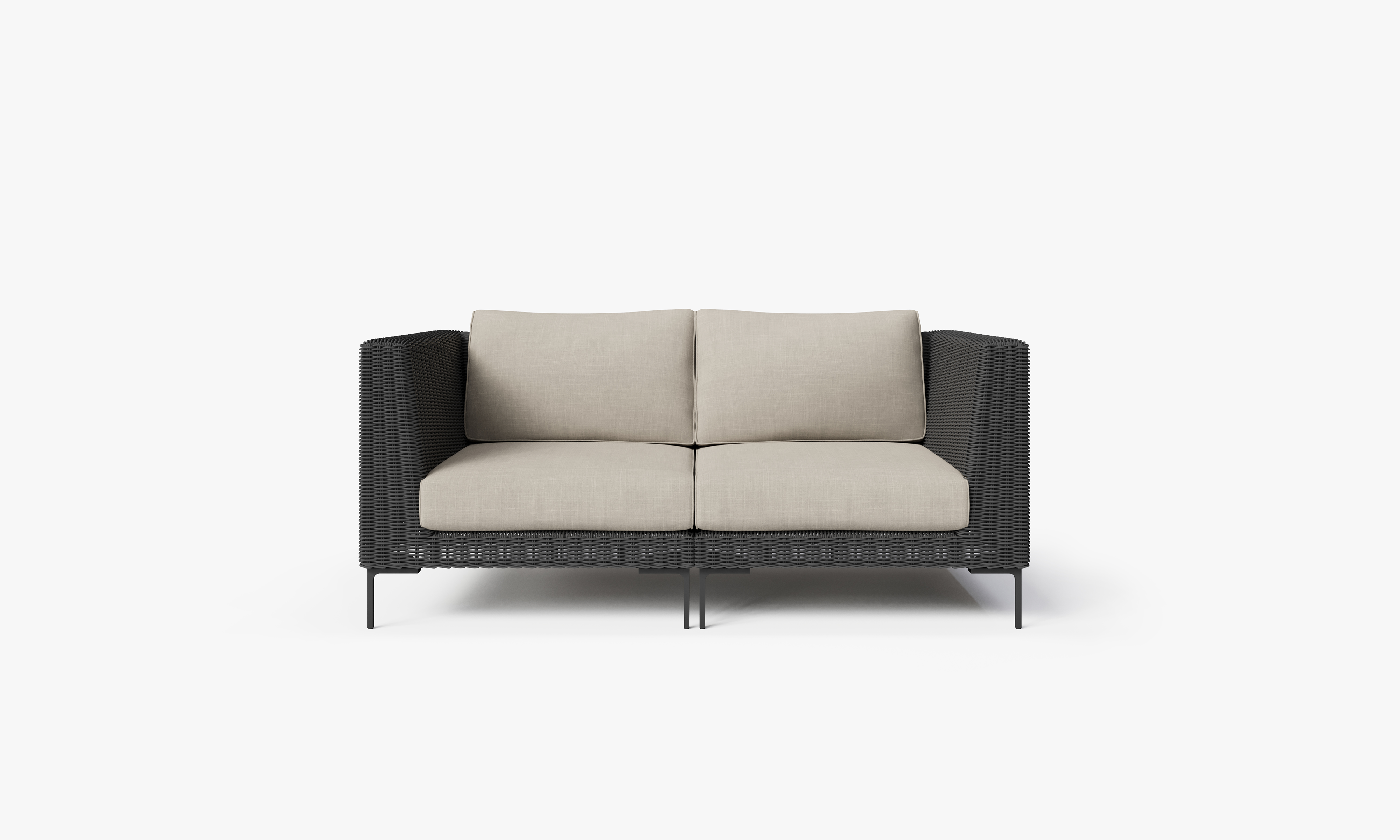 Black Wicker Outdoor Loveseat, front. Comfortable, durable, and weather resistant outdoor seating with memory foam. #color_sandstone gray