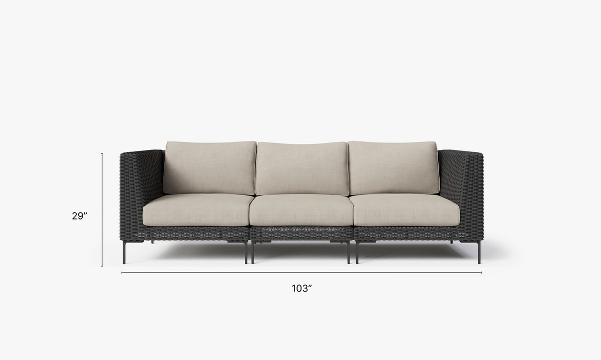 Black Wicker Outdoor Sofa - 3 Seat dimensions in inches, also listed under Dimensions and Weights. #color_sandstone gray