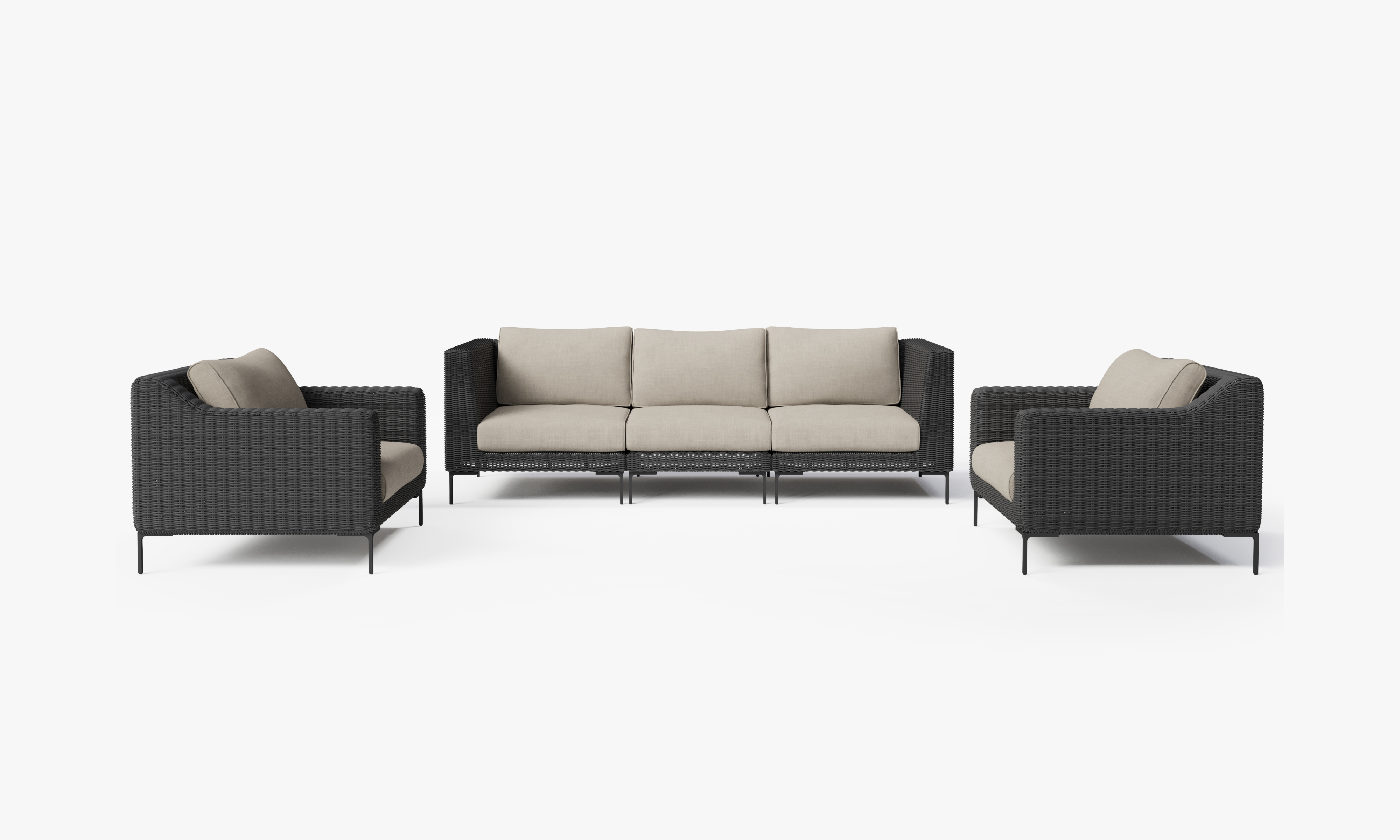 Black Wicker Outdoor Sofa with Armchairs - 5 Seat, front. Comfortable, durable, and weather resistant outdoor seating with memory foam. #color_sandstone gray