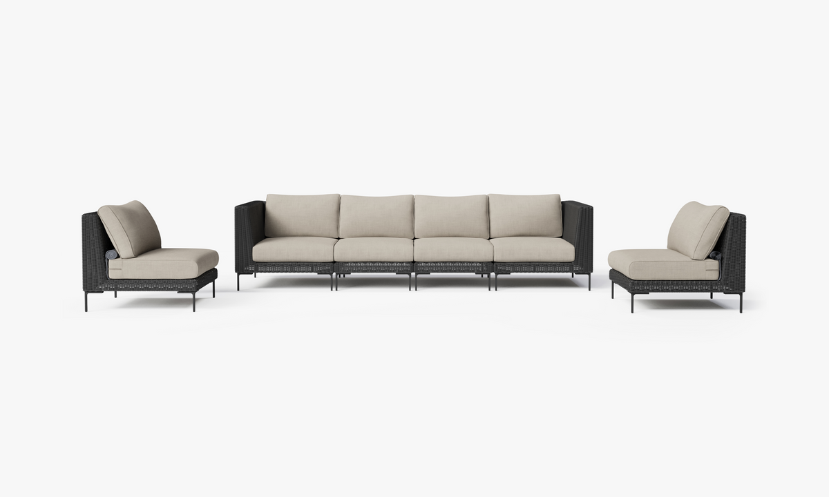 Black Wicker Outdoor Sofa with Armless Chairs - 6 Seat, front. Comfortable, durable, and weather resistant outdoor seating with memory foam. #color_sandstone gray