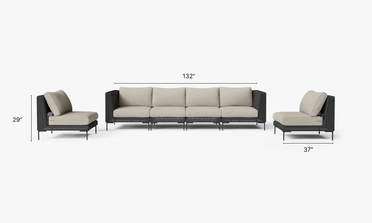 Black Wicker Outdoor Sofa with Armless Chairs - 6 Seat dimensions in inches, also listed under Dimensions and Weights. #color_sandstone gray
