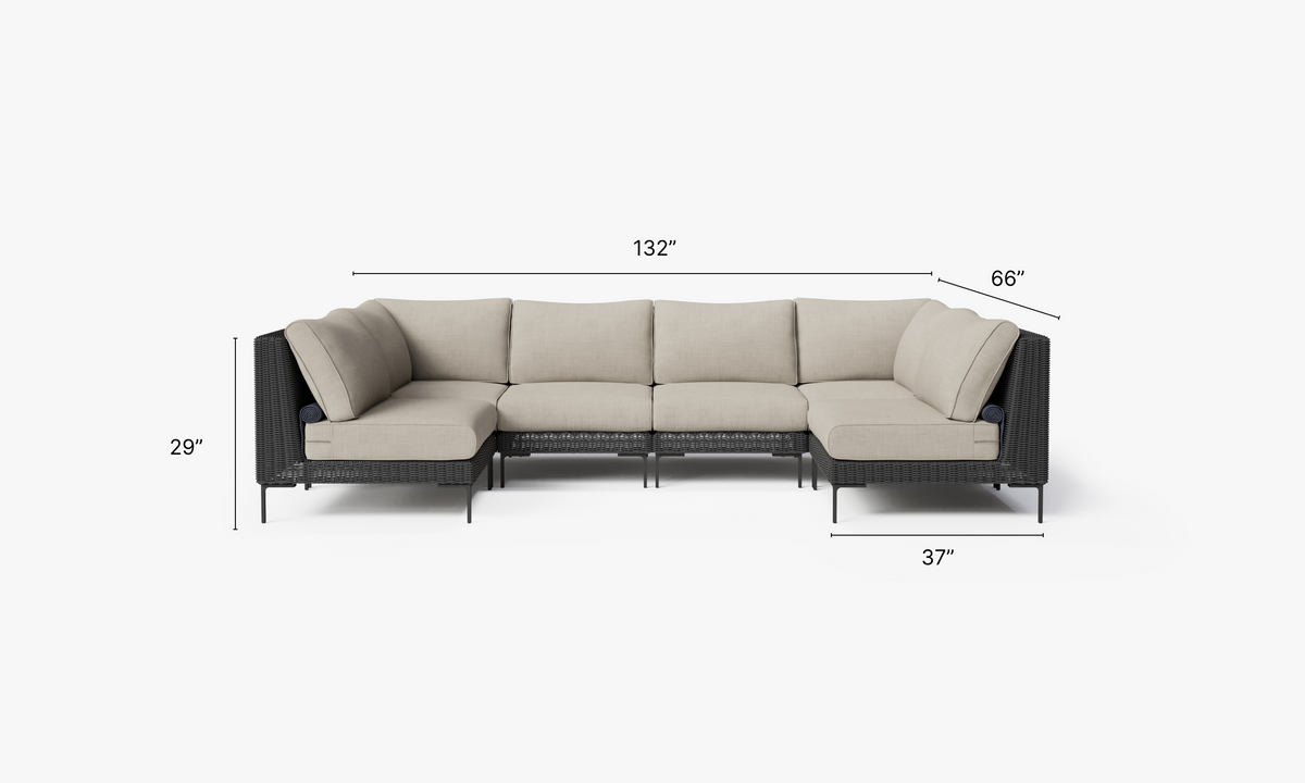Black Wicker Outdoor U Sectional - 6 Seat dimensions in inches, also listed under Dimensions and Weights. #color_sandstone gray