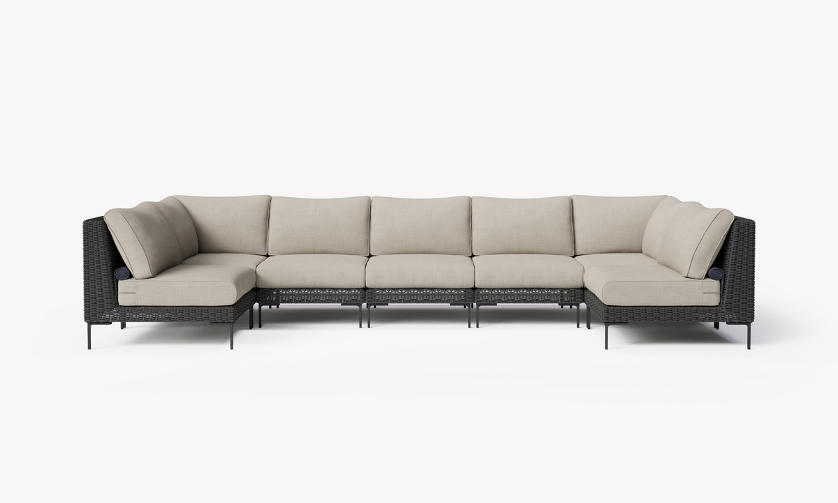 Black Wicker Outdoor U Sectional - 7 Seat, front. Comfortable, durable, and weather resistant outdoor seating with memory foam. #color_sandstone gray