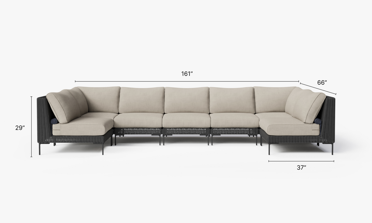 Black Wicker Outdoor U Sectional - 7 Seat dimensions in inches, also listed under Dimensions and Weights. #color_sandstone gray