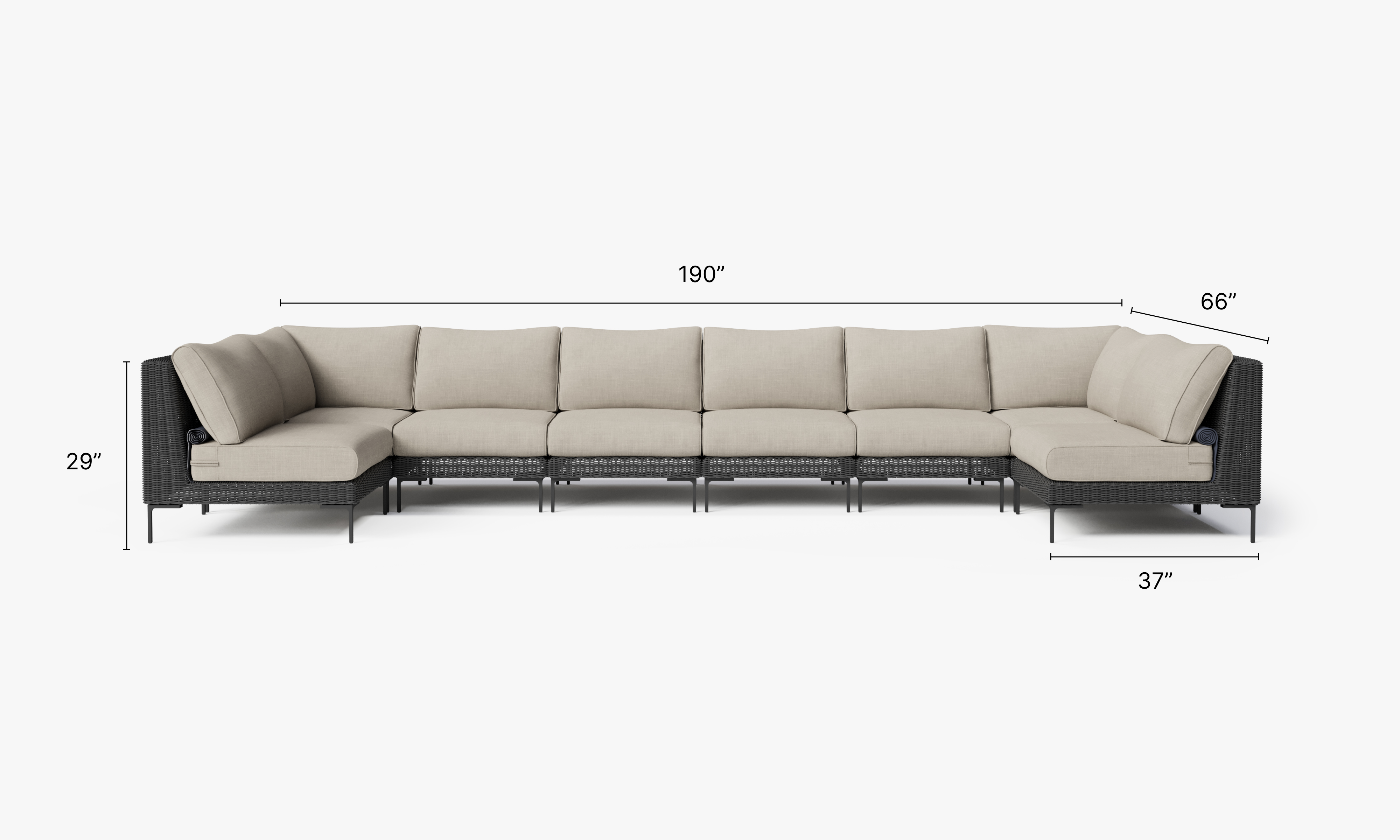 Black Wicker Outdoor U Sectional - 8 Seat dimensions in inches, also listed under Dimensions and Weights. #color_sandstone gray