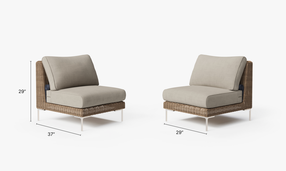 Brown Wicker Outdoor Armless Chair Conversation Set dimensions in inches, also listed under Dimensions and Weights. #color_sandstone gray