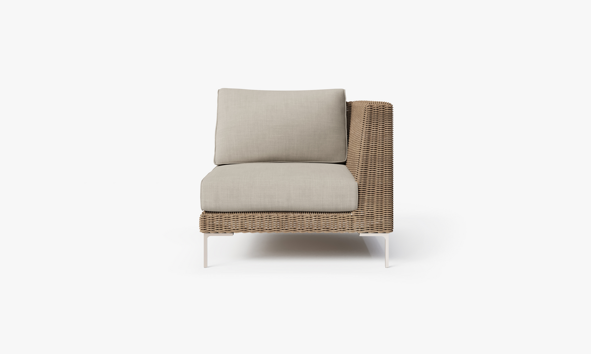 Brown Wicker Outdoor Corner Chair - Left/Right, front. Comfortable, durable, and weather resistant outdoor seating with memory foam. #color_sandstone gray