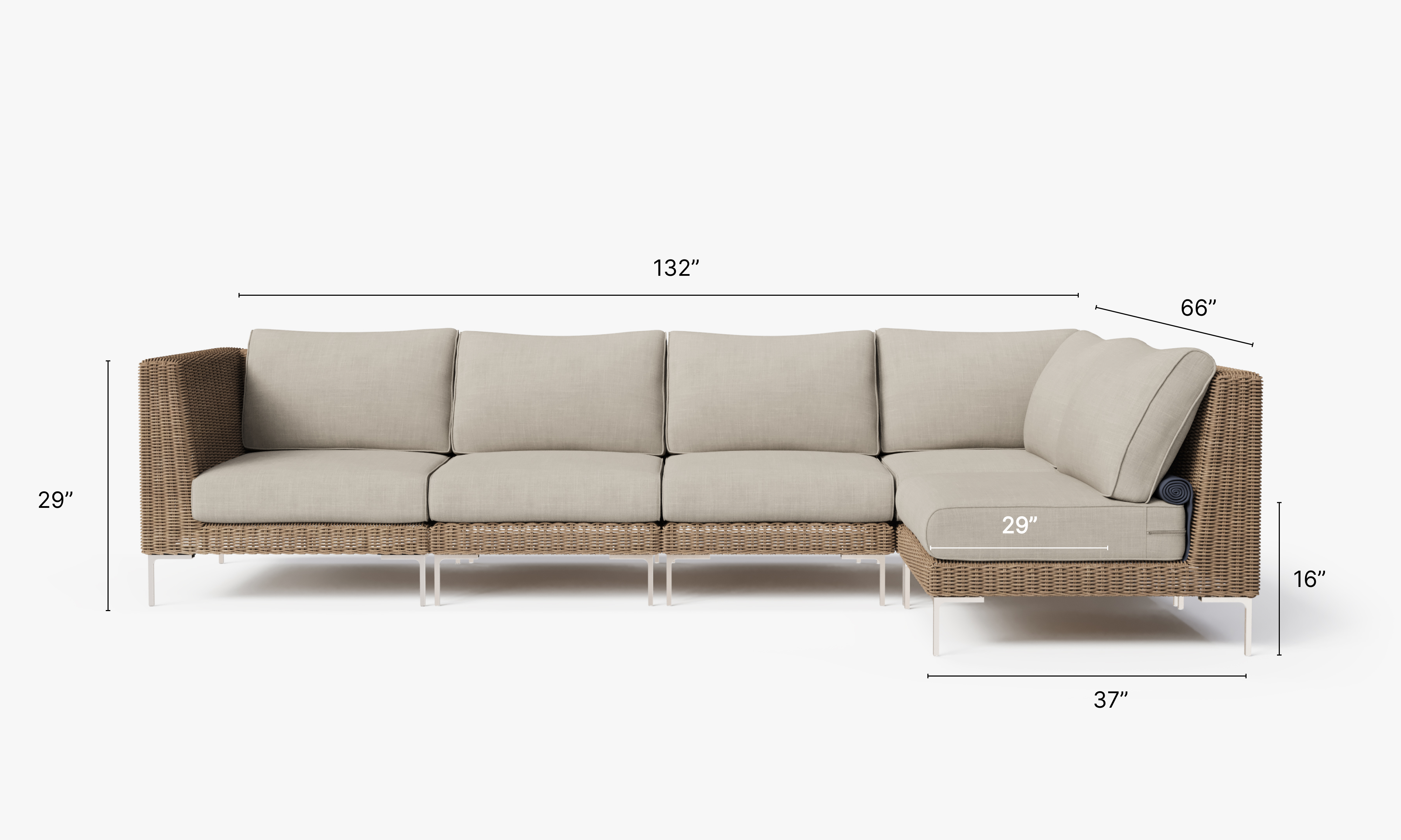 Brown Wicker Outdoor L Sectional - 5 Seat dimensions in inches, also listed under Dimensions and Weights. #color_sandstone gray