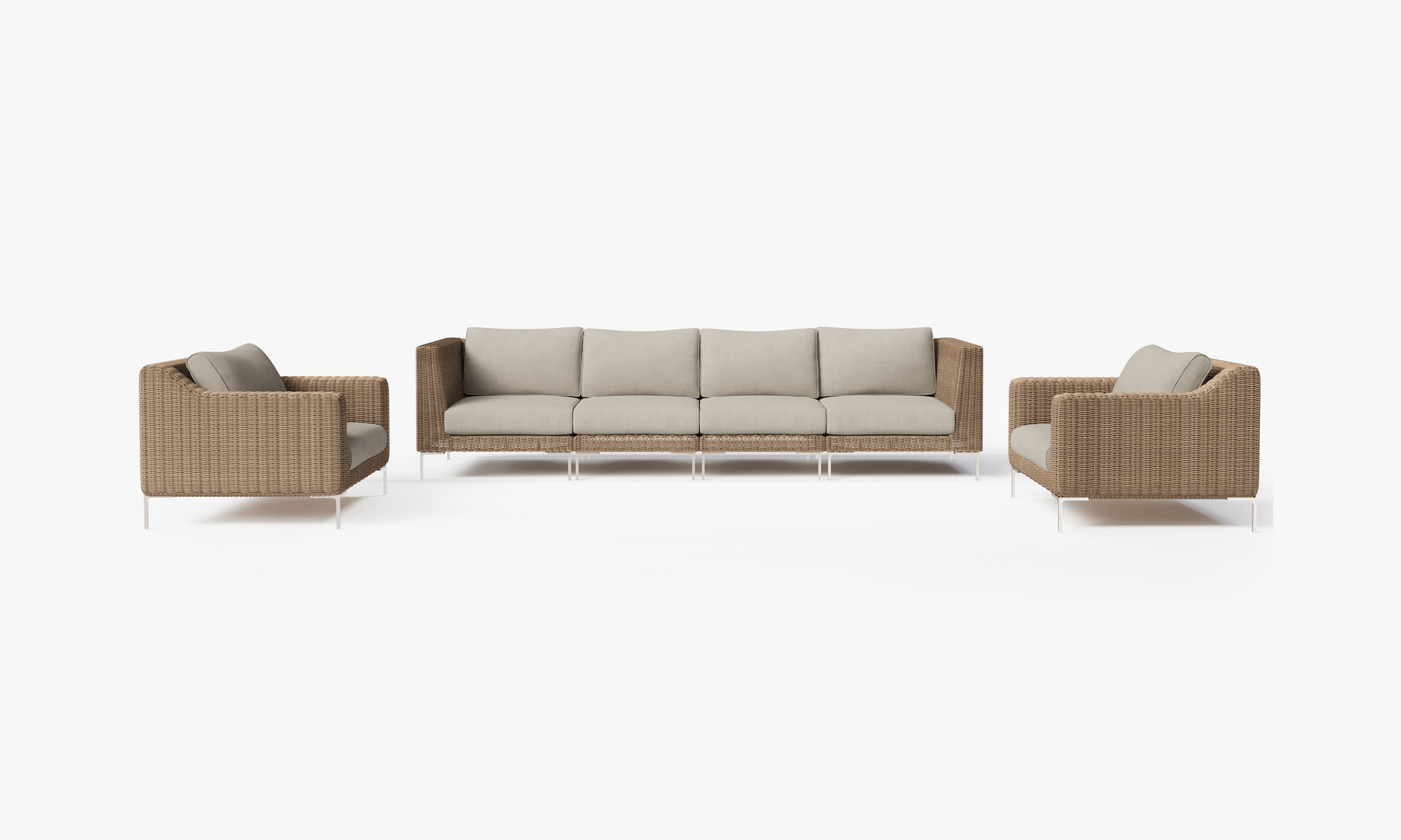 Brown Wicker Outdoor Sofa with Armchairs - 6 Seat, front. Comfortable, durable, and weather resistant outdoor seating with memory foam. #color_sandstone gray