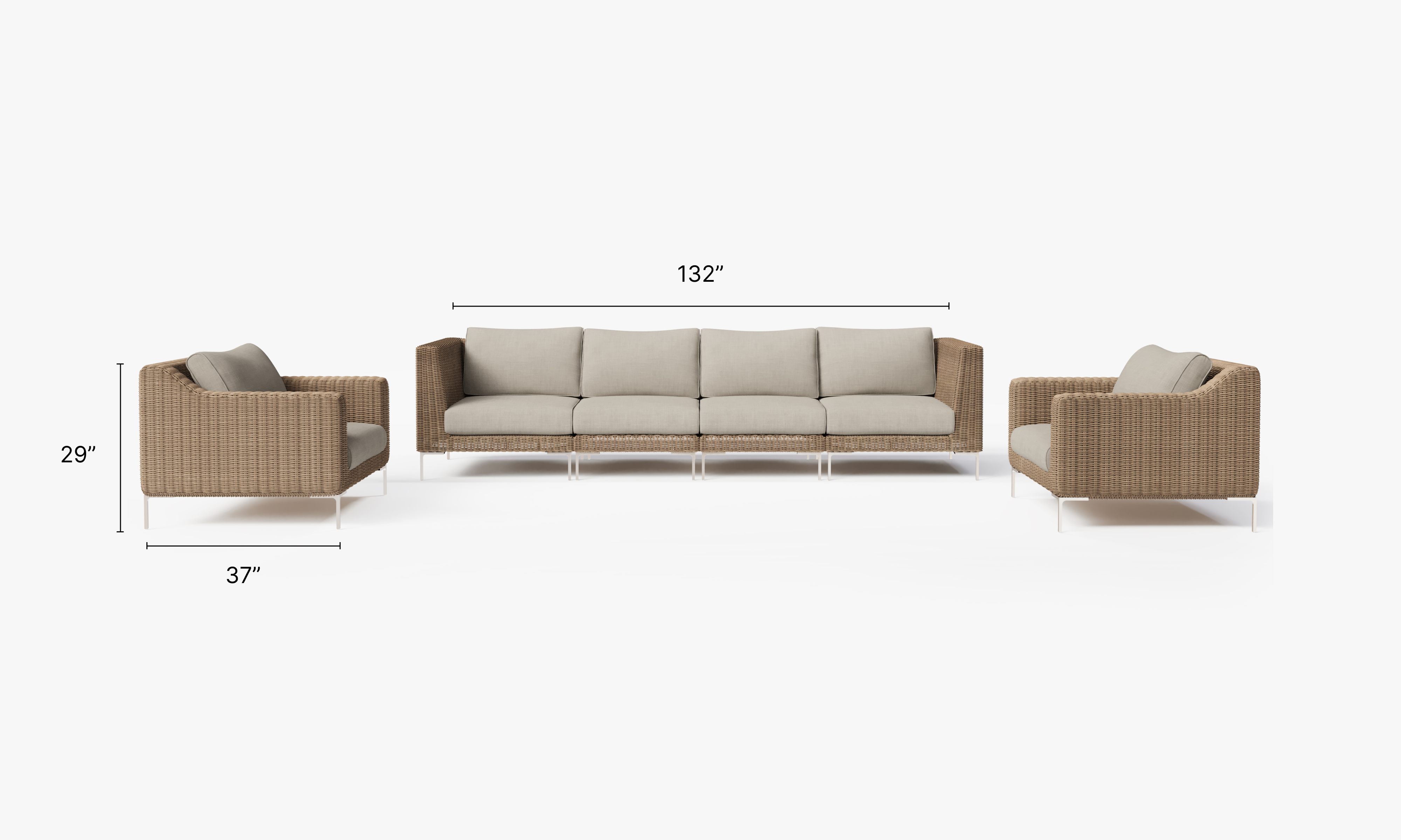 Brown Wicker Outdoor Sofa with Armchairs - 6 Seat dimensions in inches, also listed under Dimensions and Weights. #color_sandstone gray