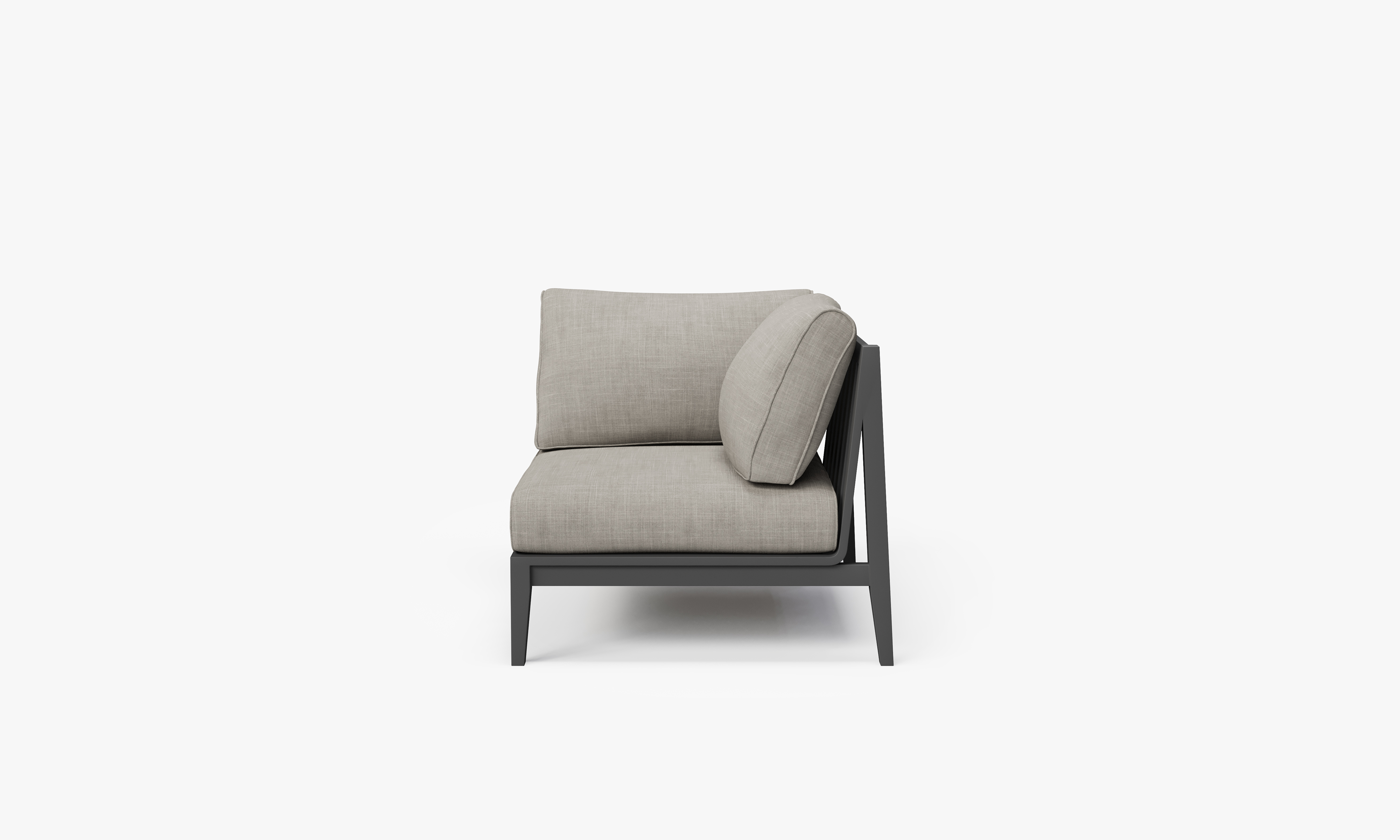 Charcoal Aluminum Outdoor Corner Chair - Left, front. Comfortable, durable, and weather resistant outdoor seating with memory foam. #color_sandstone gray