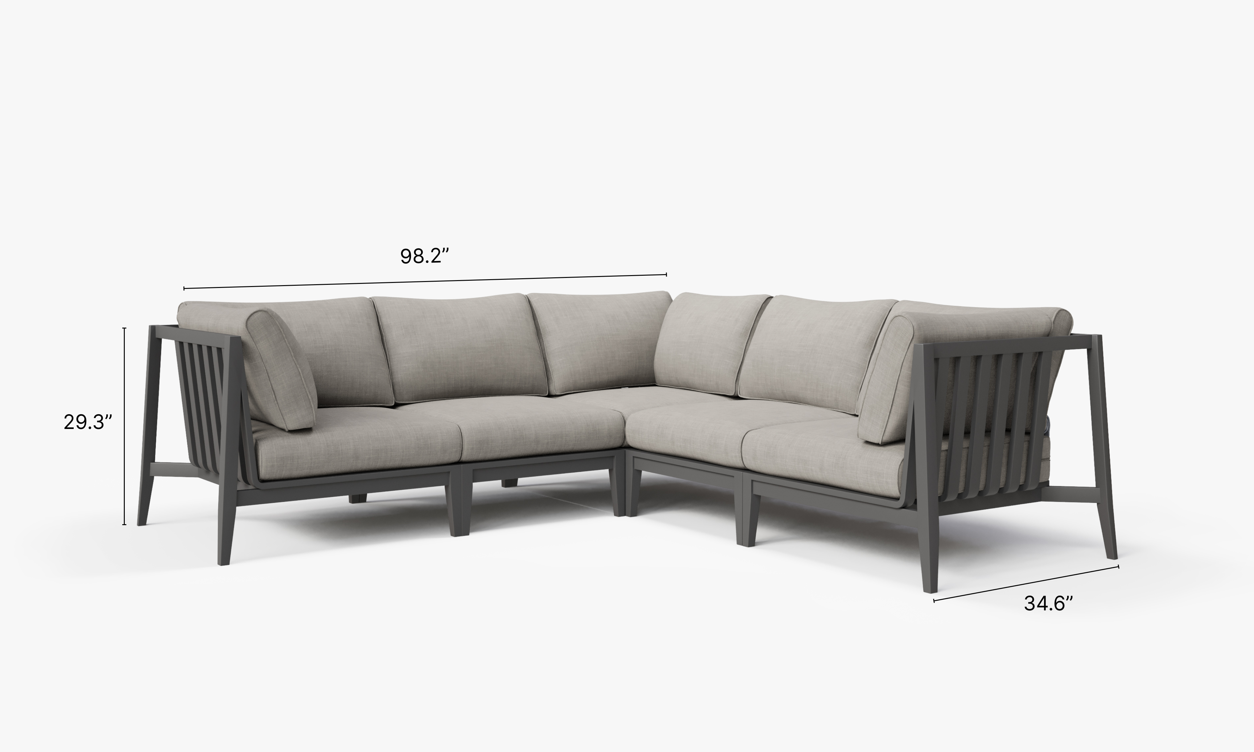 Charcoal Aluminum Outdoor Corner Sectional - 5 Seat dimensions in inches, also listed under Dimensions and Weights. #color_sandstone gray