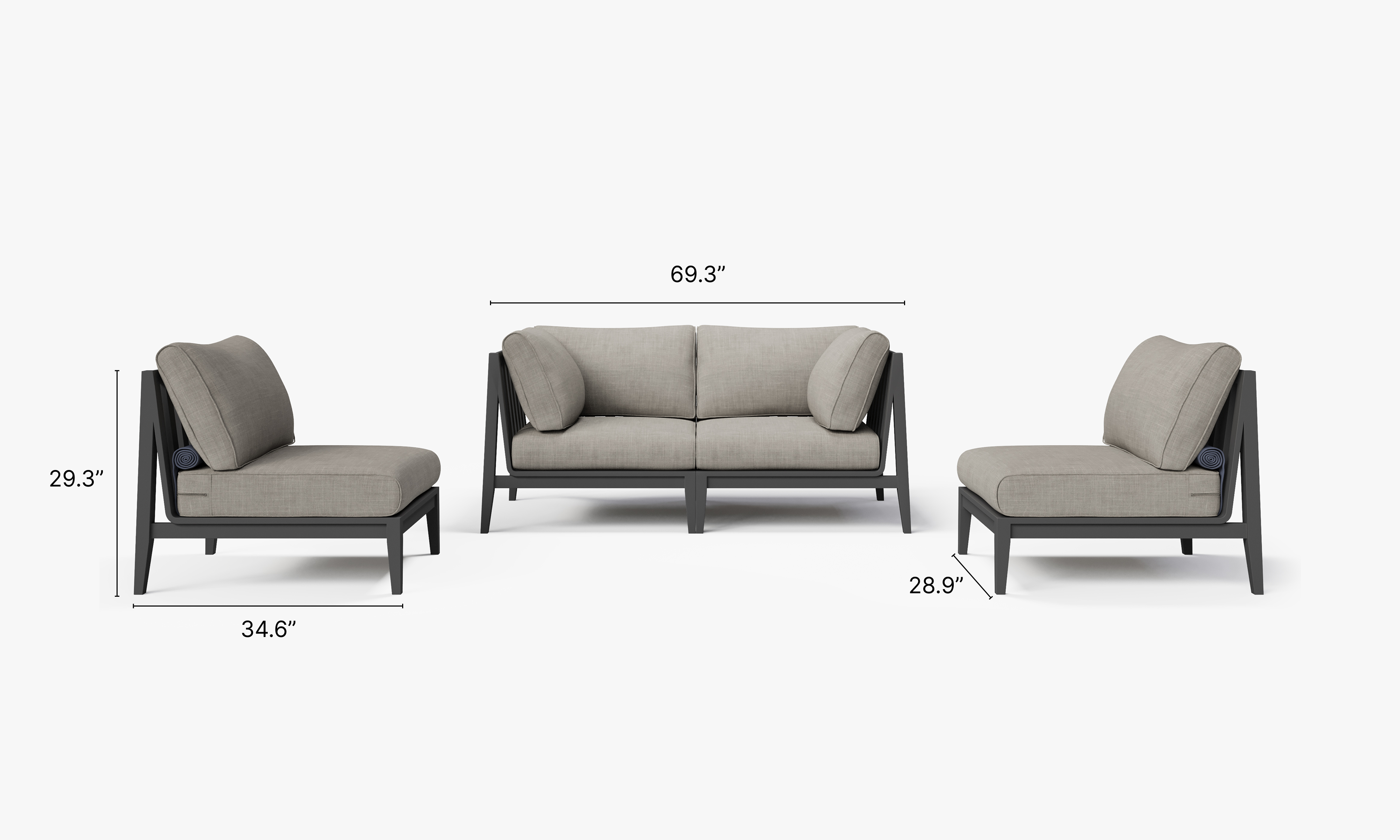 Charcoal Aluminum Outdoor Loveseat with Armless Chairs - 4 Seat dimensions in inches, also listed under Dimensions and Weights. #color_sandstone gray