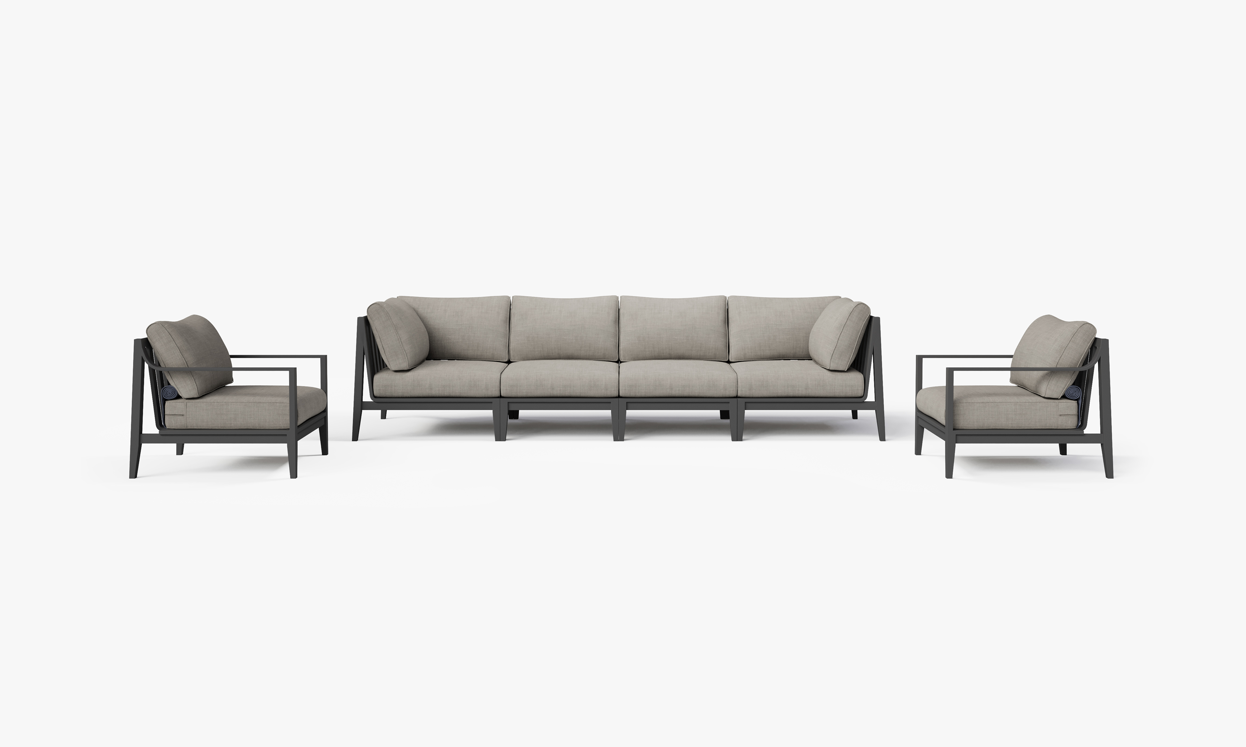 Charcoal Aluminum Outdoor Sofa with Armchairs - 6 Seat, front. Comfortable, durable, and weather resistant outdoor seating with memory foam. #color_sandstone gray