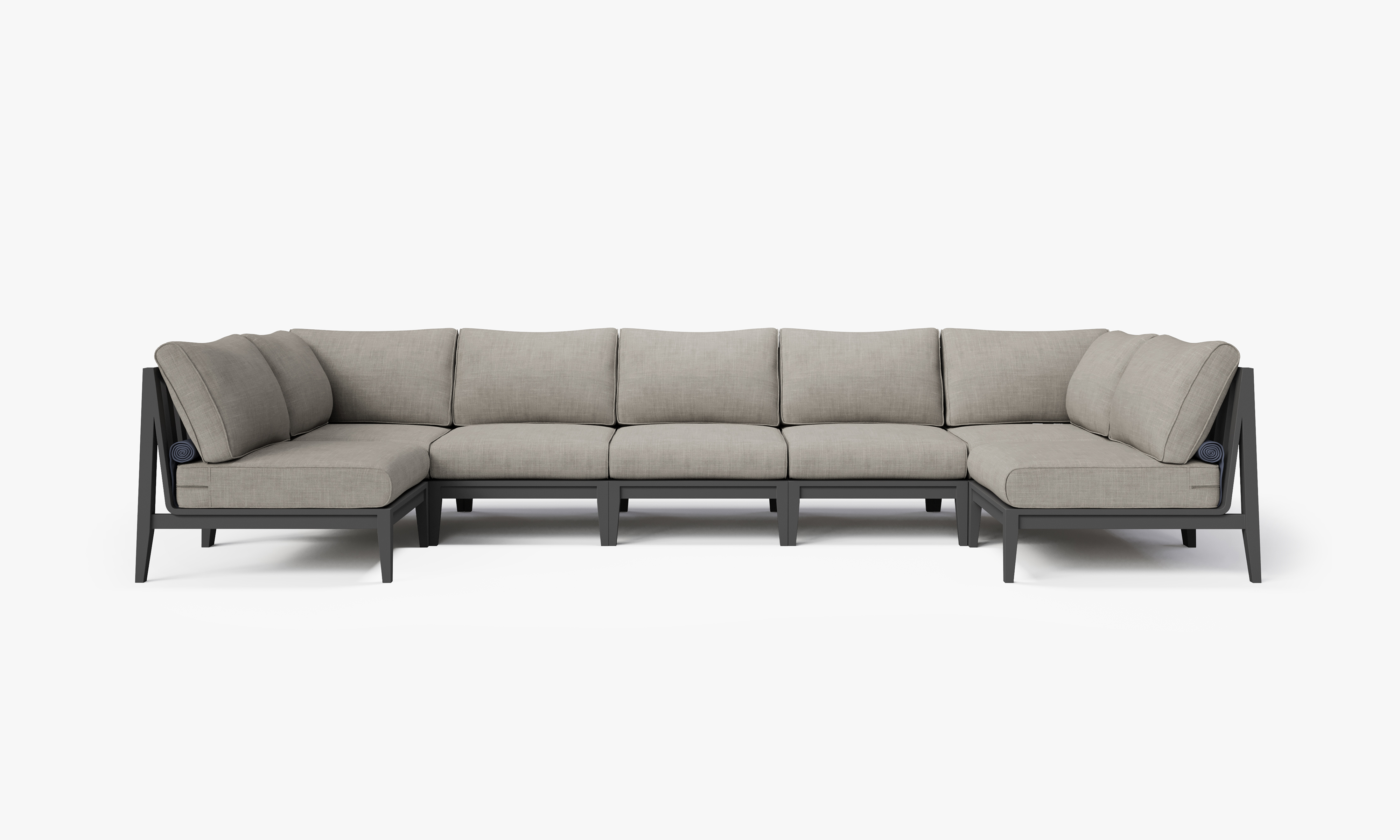 Charcoal Aluminum Outdoor U Sectional - 7 Seat, front. Comfortable, durable, and weather resistant outdoor seating with memory foam. #color_sandstone gray