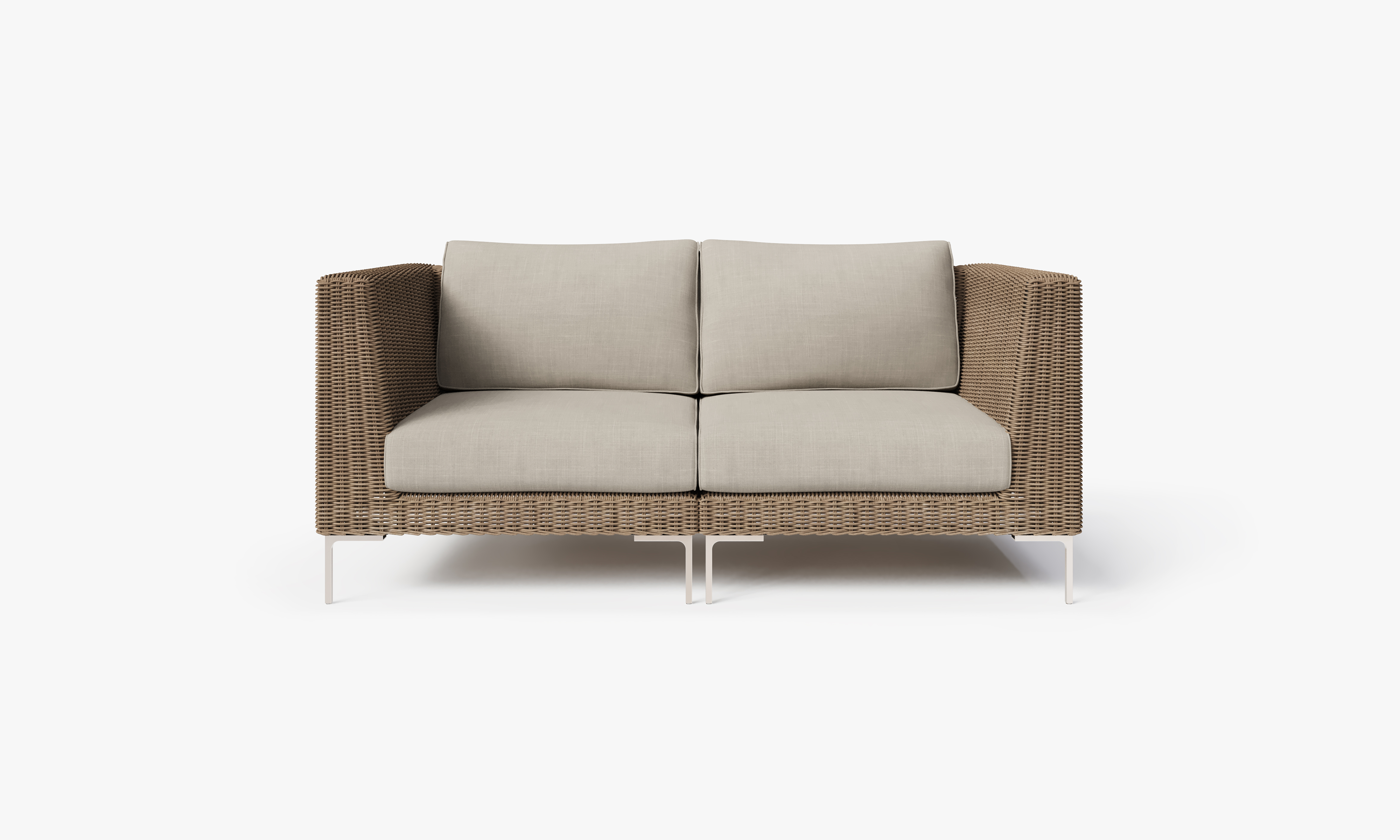 Brown Wicker Outdoor Loveseat, front. Comfortable, durable, and weather resistant outdoor seating with memory foam. #color_sandstone gray