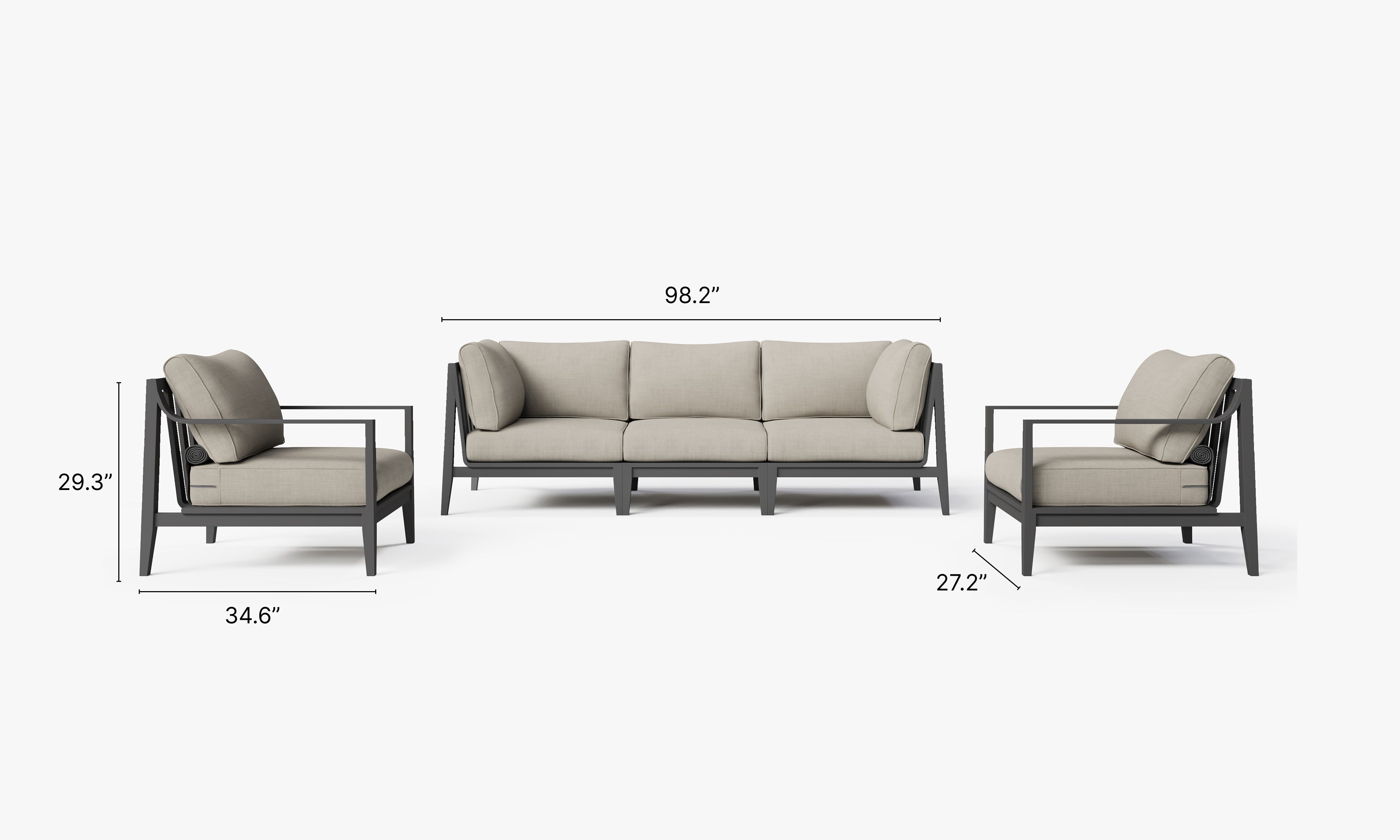 Charcoal Aluminum Outdoor Sofa with Armchairs - 5 Seat dimensions in inches, also listed under Dimensions and Weights. #color_sandstone gray