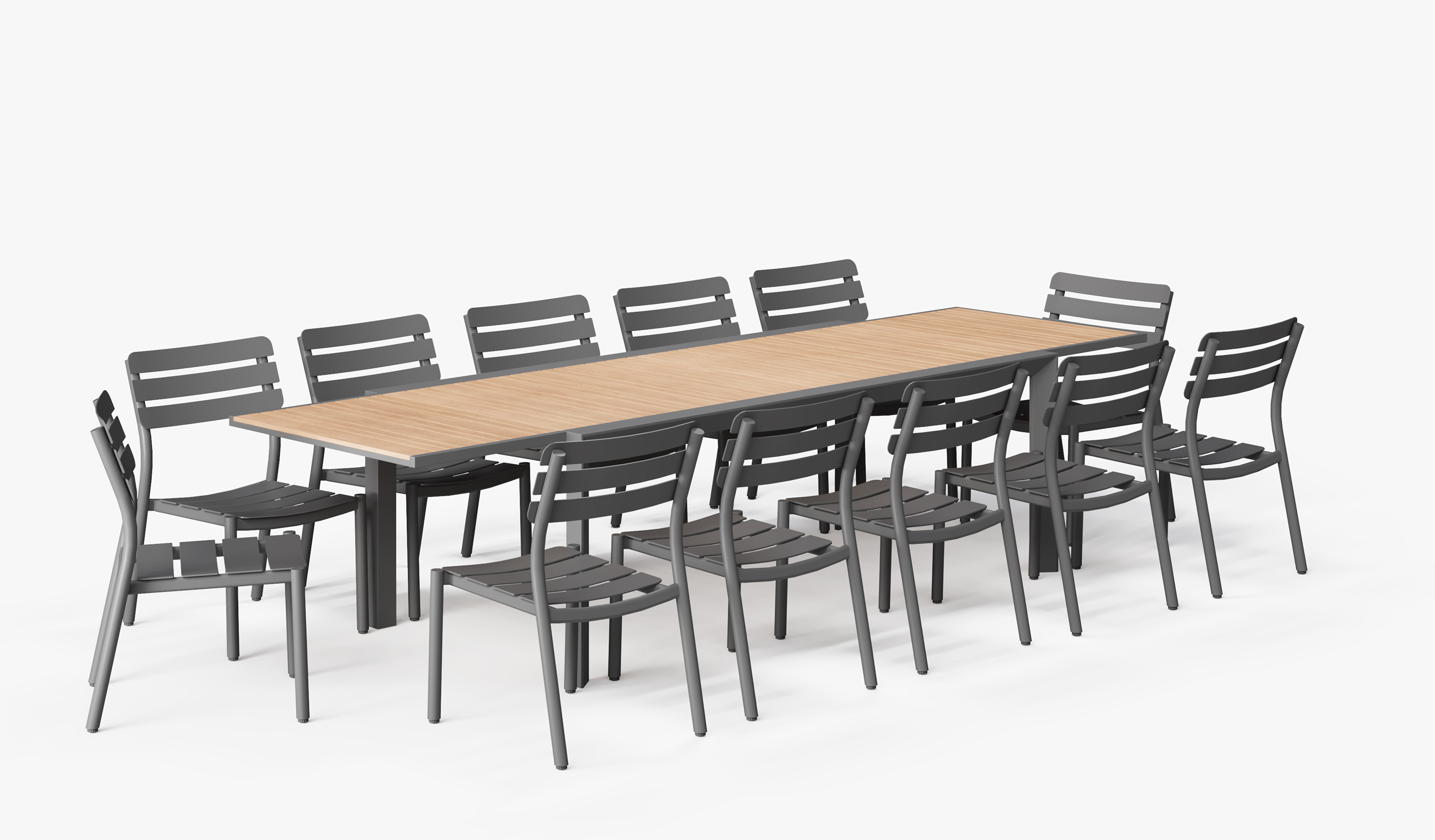 outer-Teak + Aluminum Outdoor Expandable Dining Table + 12 595 Armless Chairs-long rectangular outdoor expandable dining table set with teak tabletop and charcoal aluminum armless chairs shown on a clean white background