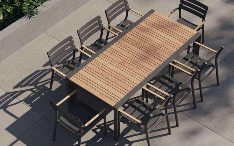 Outer teak outdoor dining set with aluminum chairs and rectangular table for modern patio entertaining