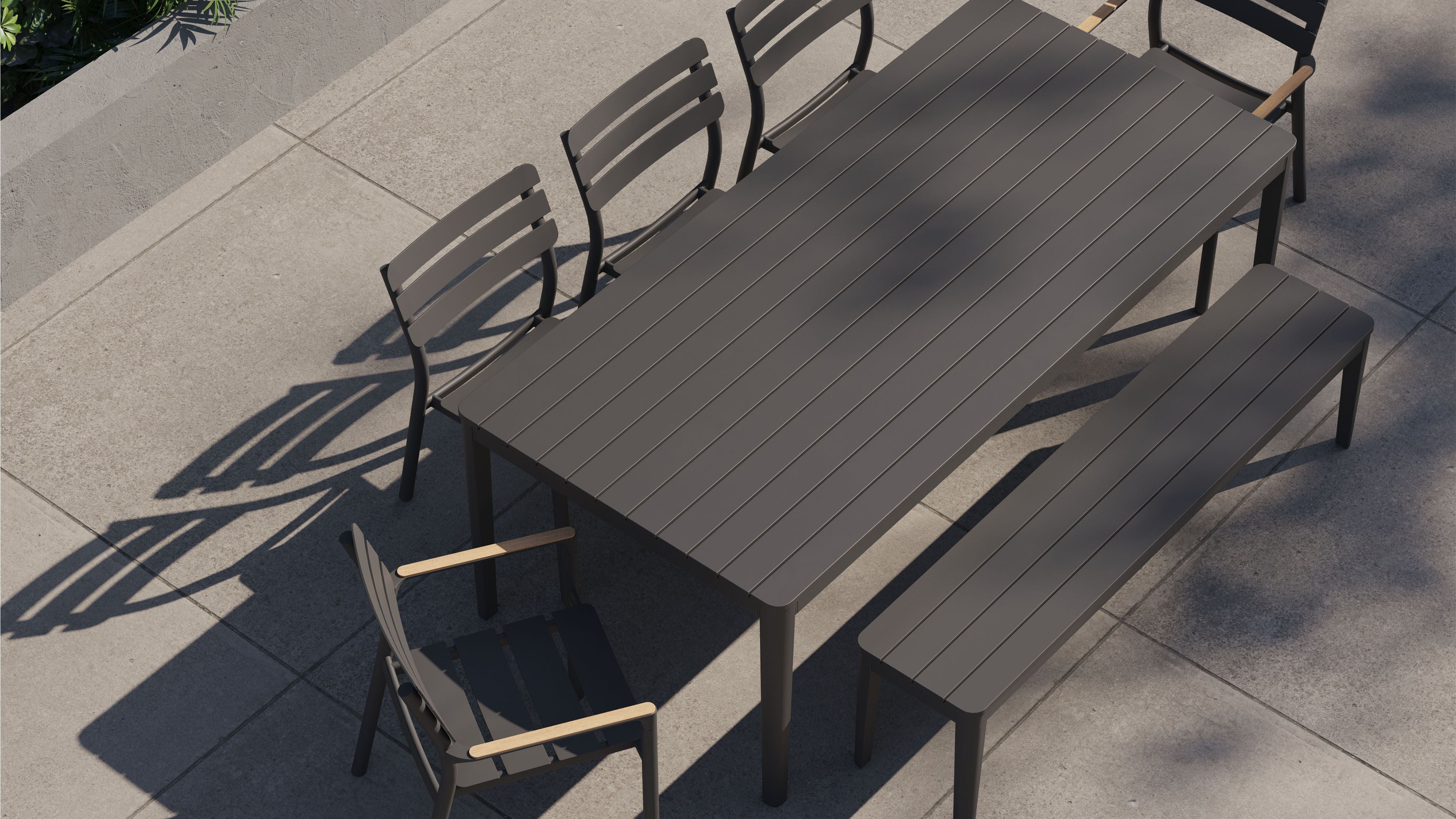 Aluminum Outdoor Rectangular Dining Table + 2 595 Armchairs + 3 595 Armless Chairs + Aluminum Dining Bench #color_charcoal