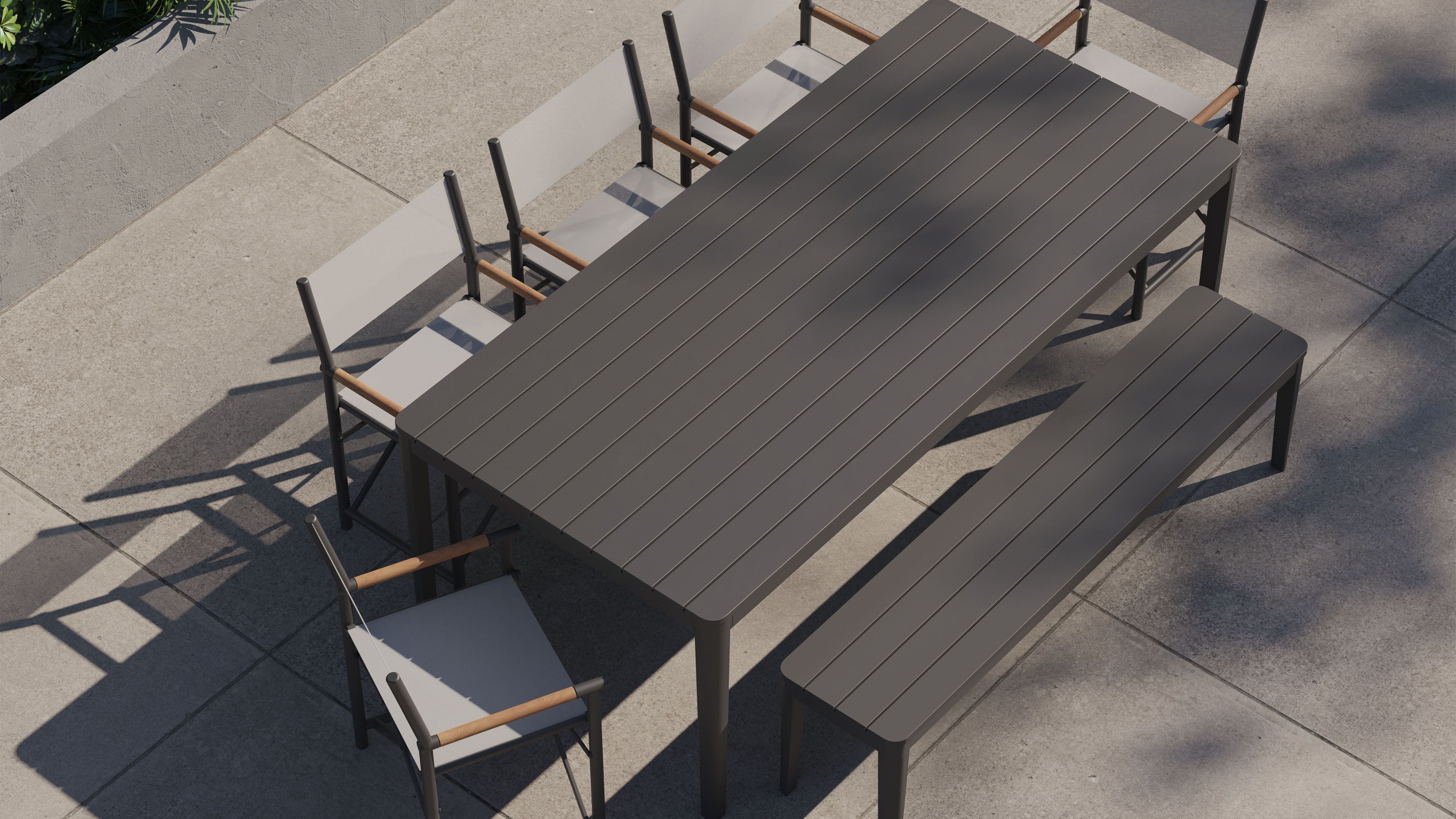 Aluminum Outdoor Rectangular Dining Table + 5 Aluminum Director's Chairs + Aluminum Dining Bench #color_charcoal