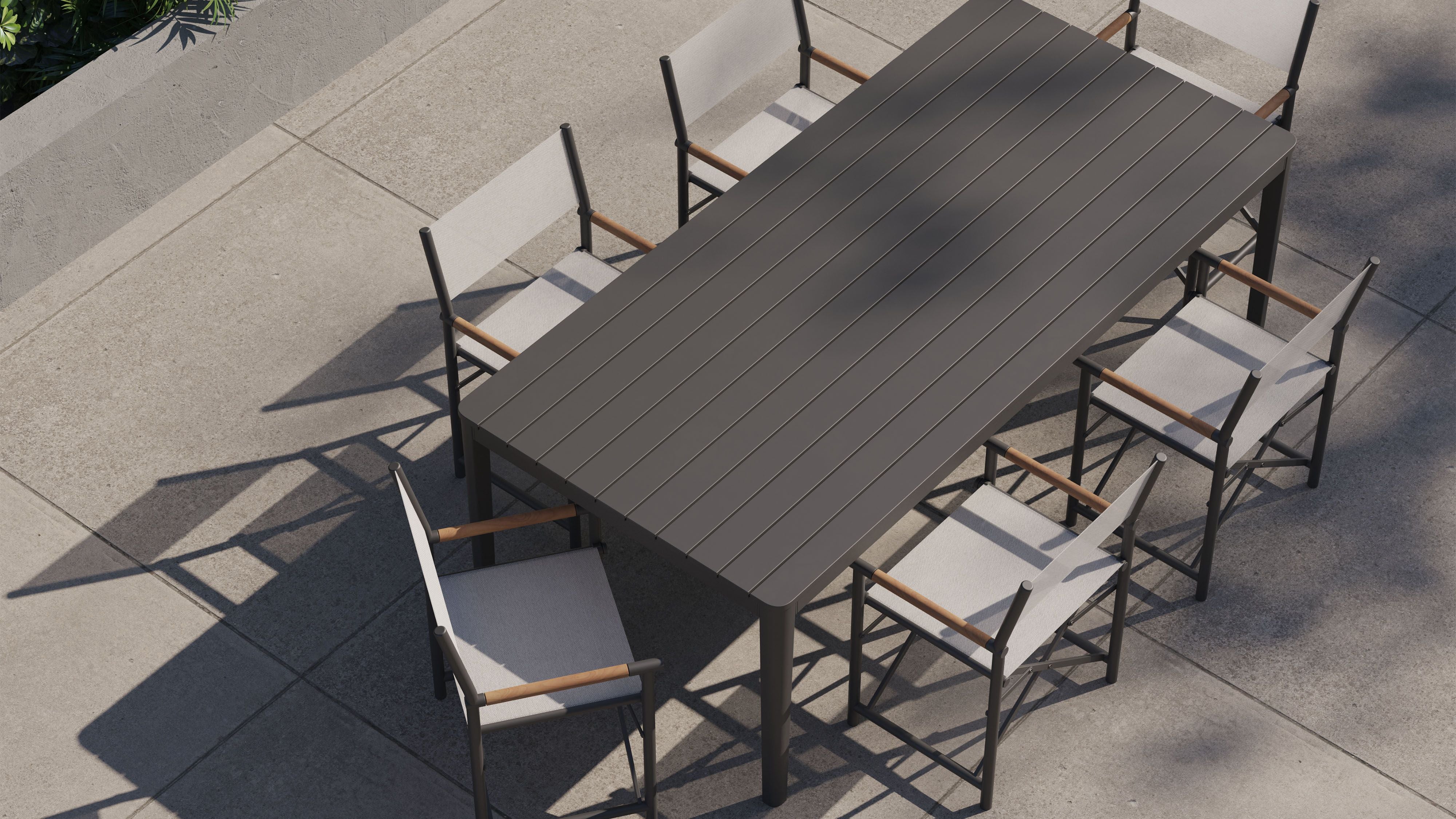 Aluminum Outdoor Rectangular Dining Table + 6 Aluminum Director's Chairs #color_charcoal