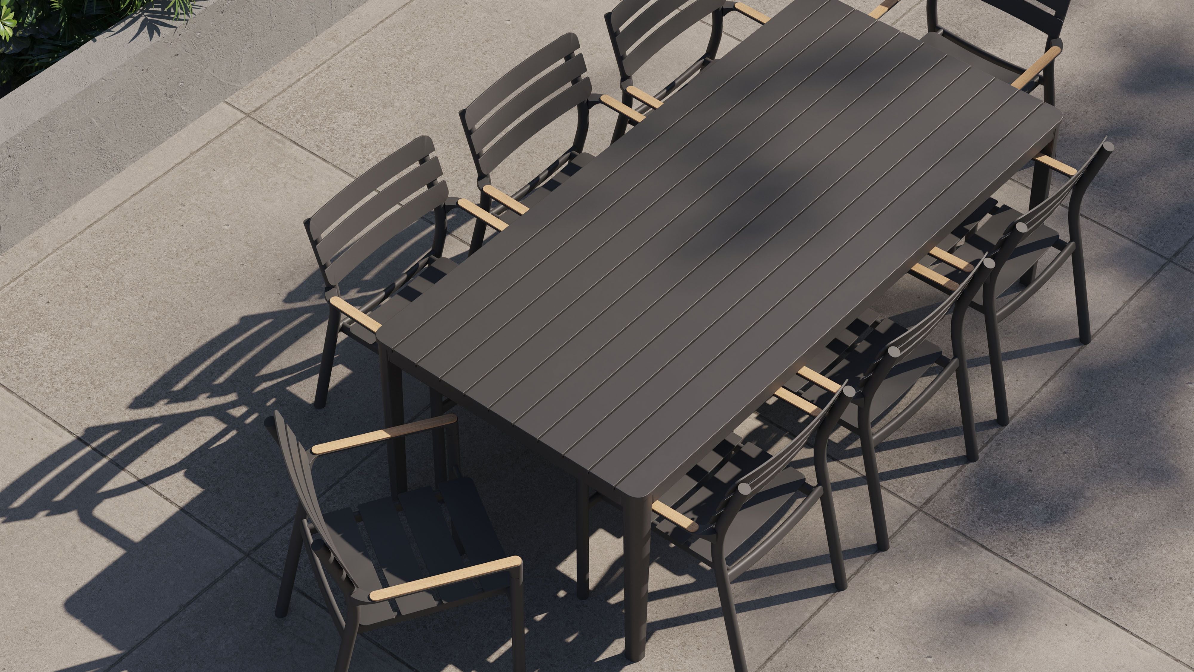 Aluminum Outdoor Rectangular Dining Table + 8 595 Dining Armchairs #color_charcoal