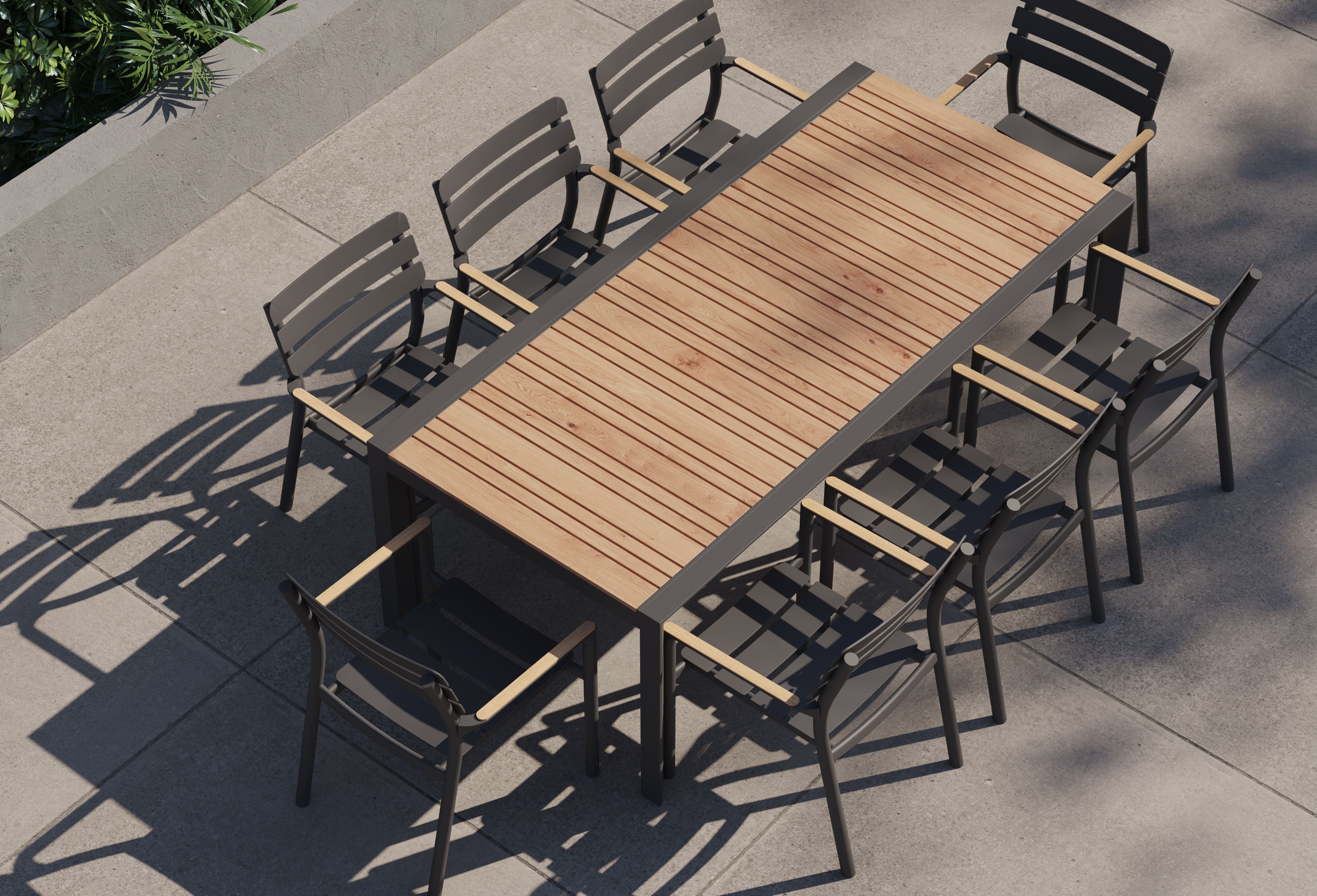 Teak + Aluminum Outdoor Expandable Dining Table + 8 595 Armchairs #color_charcoal