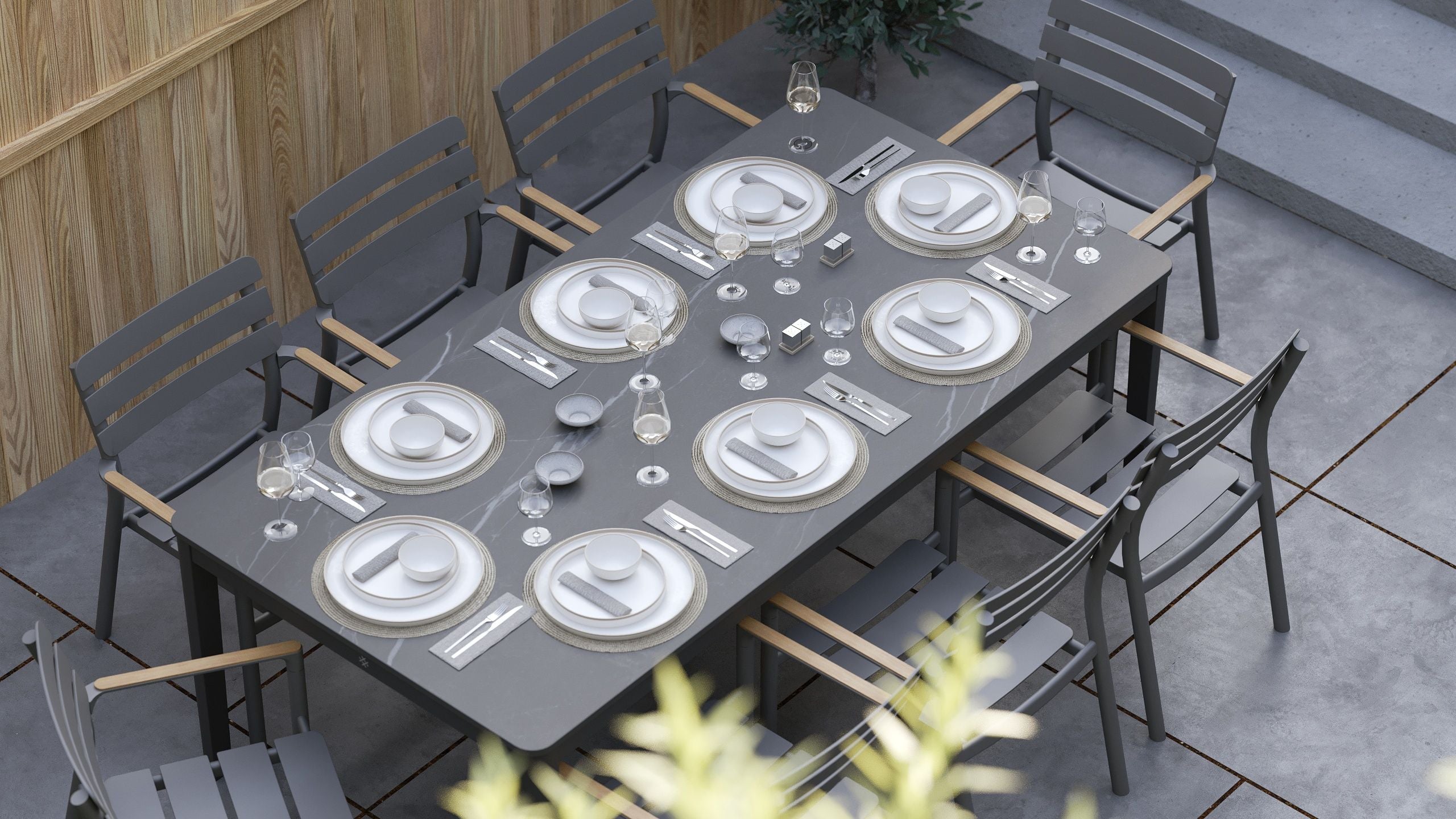 outer-dining set-Dimension diagram of the Mineral Gray OuterStone outdoor dining table showing length width and height