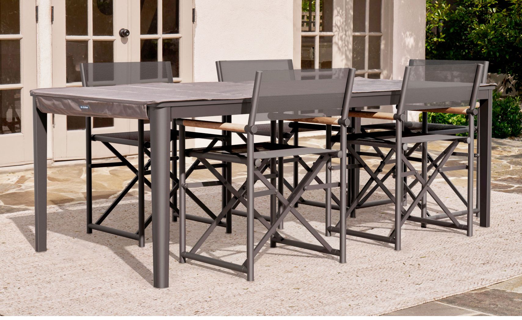 Aluminum Outdoor Rectangular Dining Table + 5 Aluminum Director's Chairs + Aluminum Dining Bench #color_charcoal